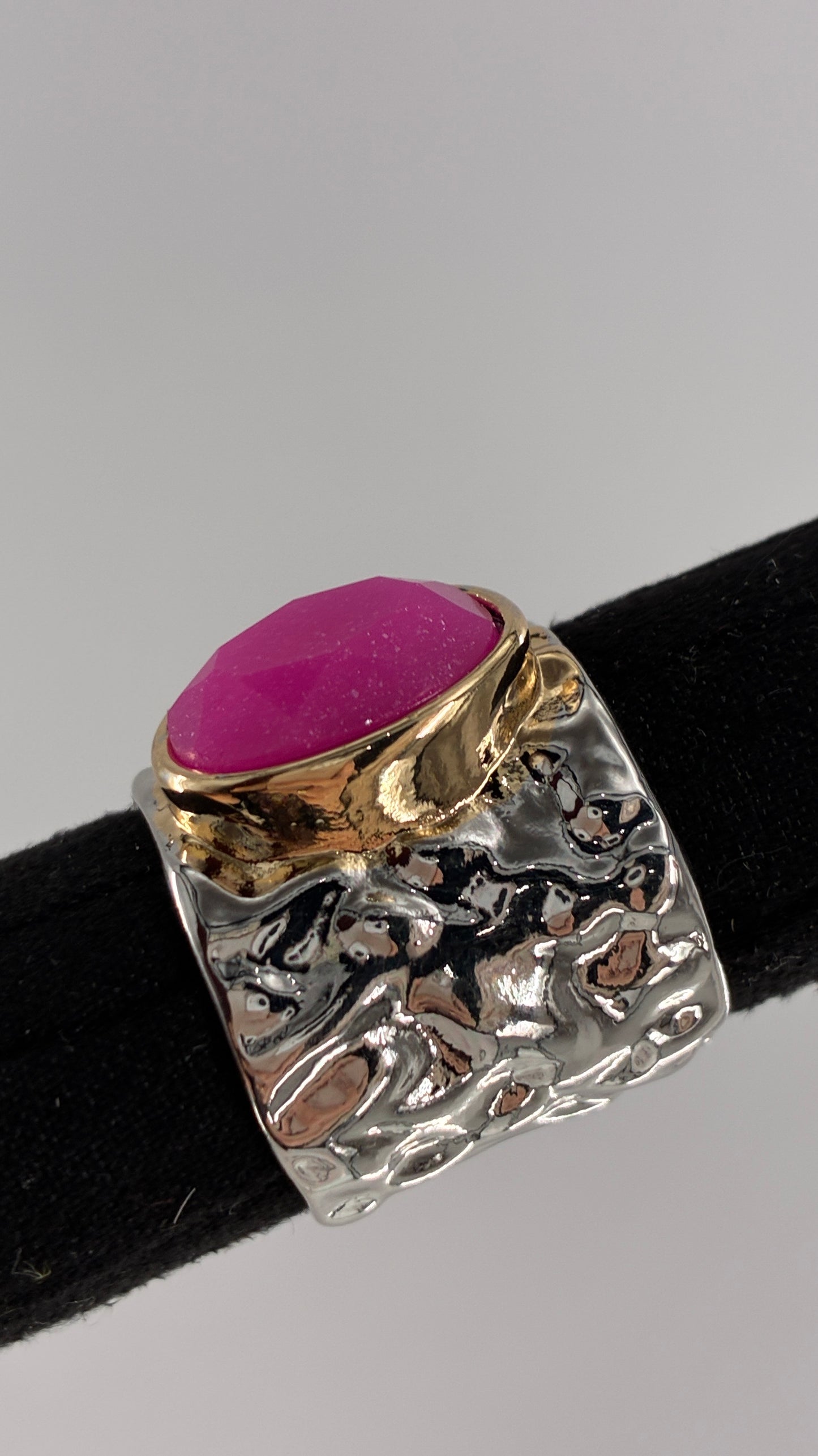Silver Hammered Cuff Ring with Pink Gemstone