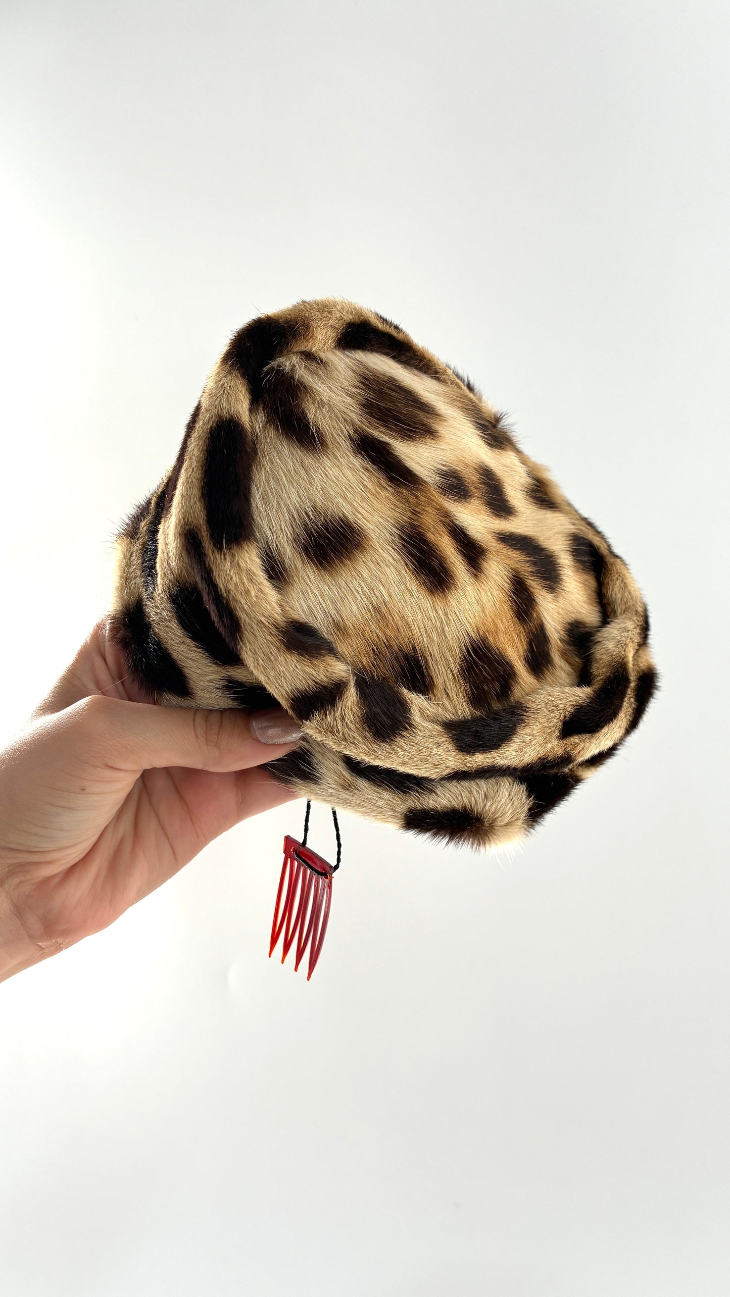 Vintage Cheetah Printed Genuine Fur Clip on Pill Box Hat