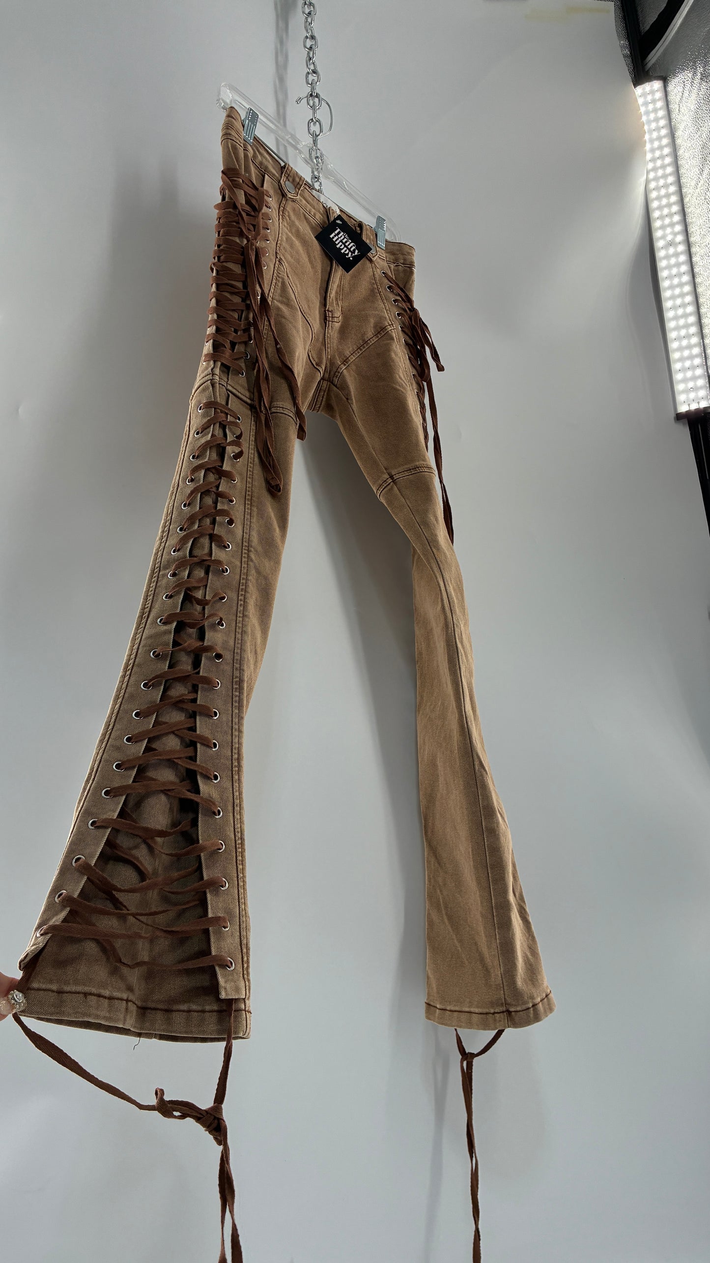 FASHION NOVA Side Tie Faded Brown Jeans (Medium)