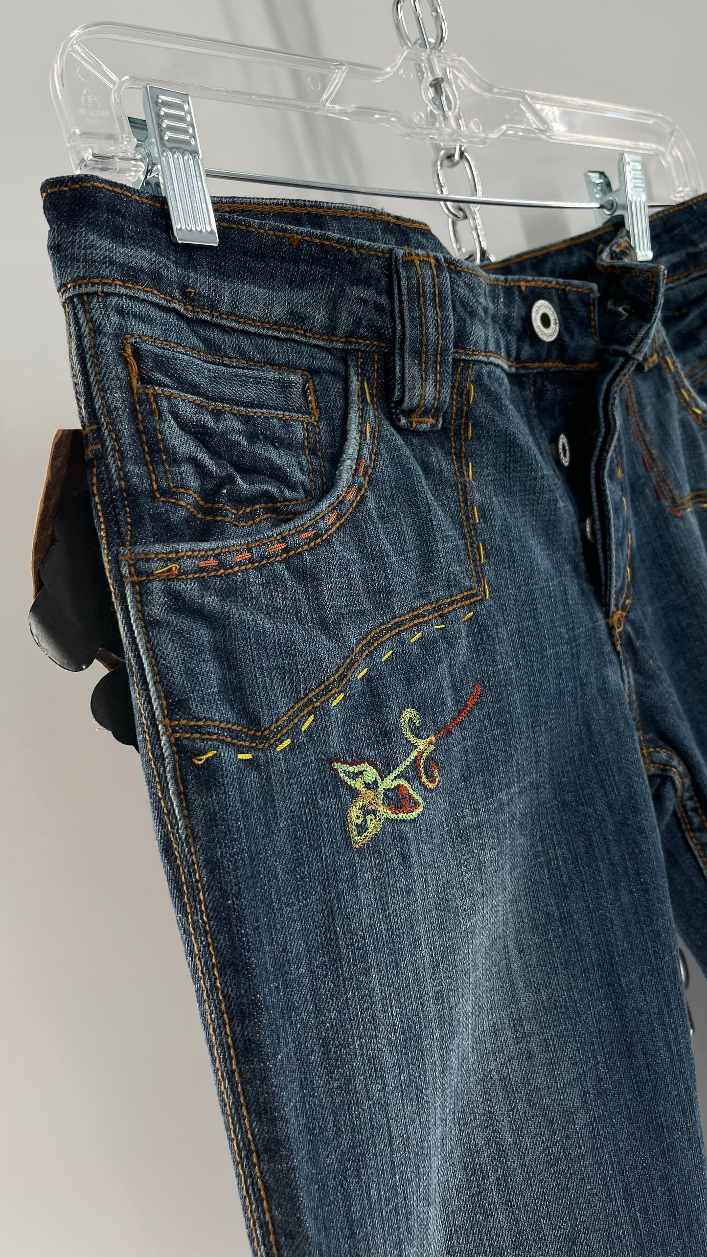 Vintage RARE Antik Denim Kick Flares with Embroidered Flower Design and Contrast Stitching (28)