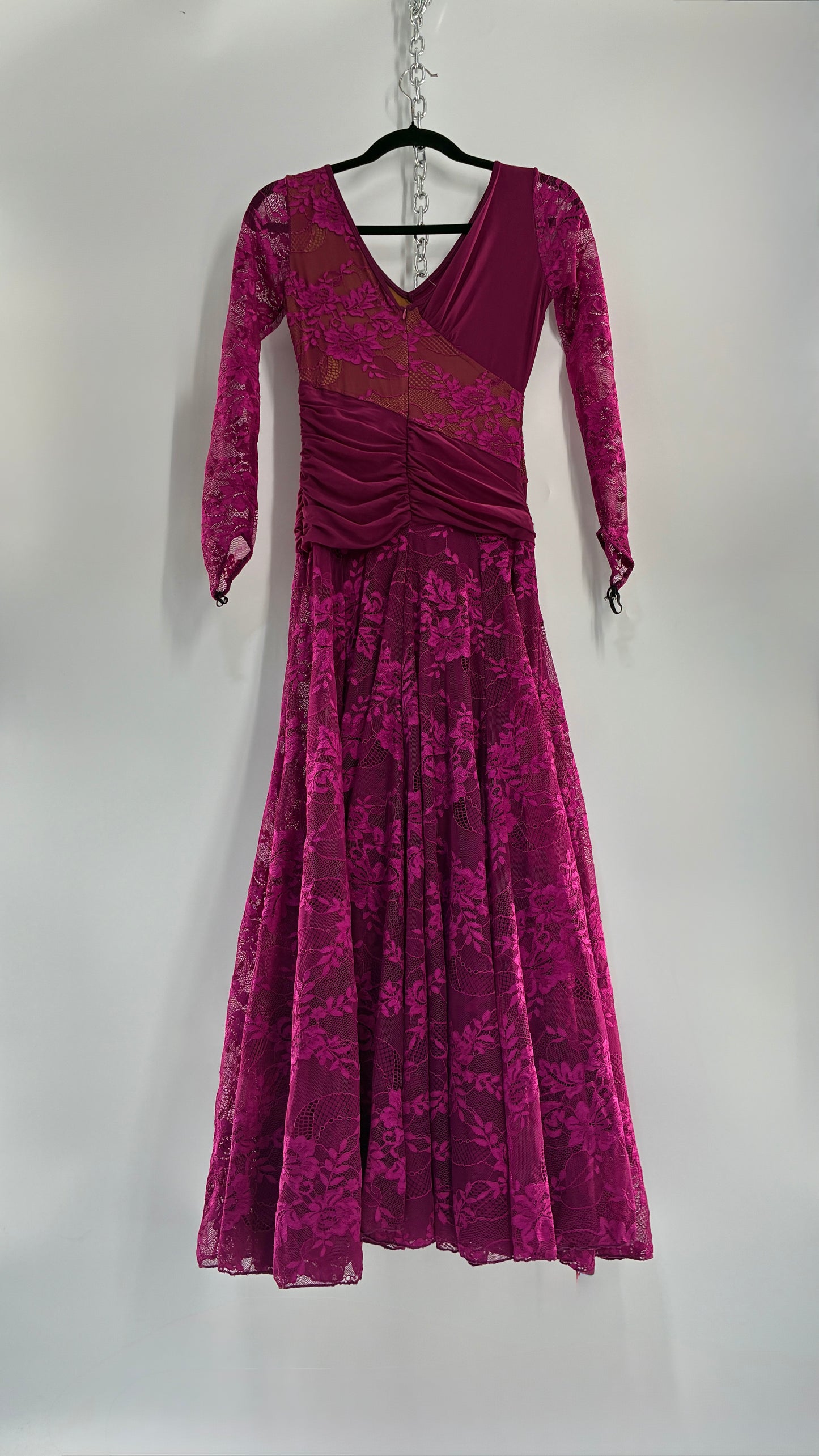 Vintage Fuchsia Flamenco, Lace and Mesh Paneled Gown with Gloved Hand Detail (Small)