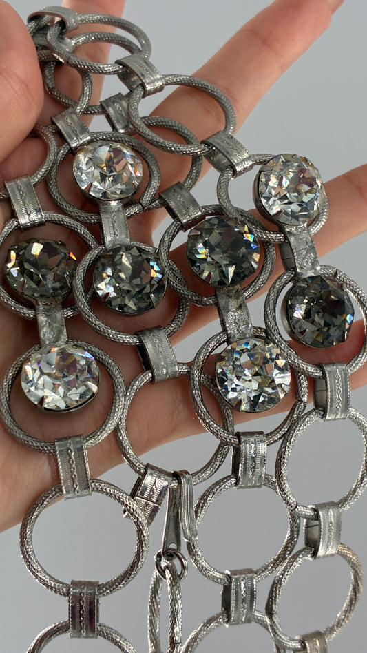 Vintage Metal Chain Silver Belt with Interlinked Rhinestone Detailing (One Size)