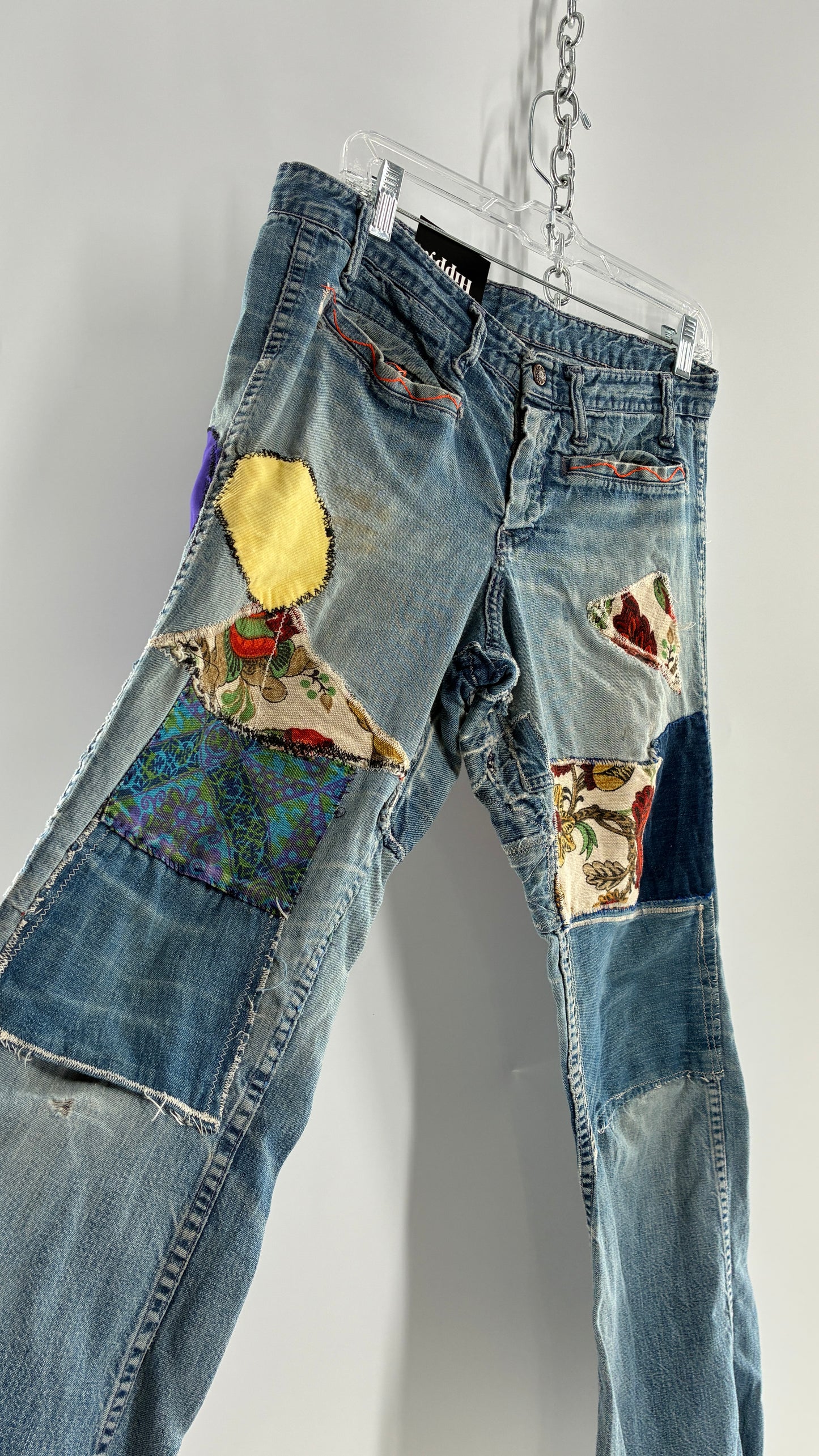 Vintage Rare 1970s Light Wash, Low Rise Boot Cut Jeans with Hand Stitched Tapestry Style Patches and Purple Heart on Bum (Measurements Below)
