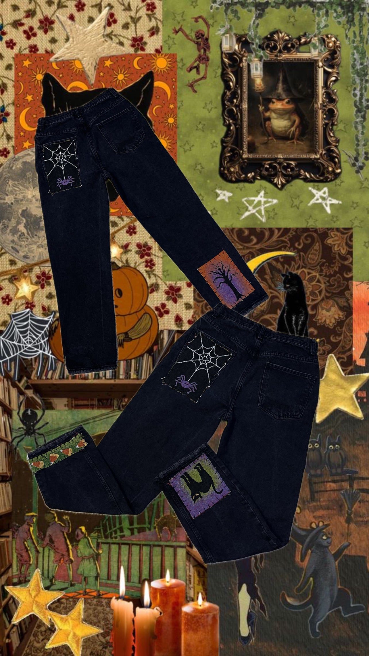 Hand Made Festive Halloween Patchwork Mom Jeans (26)