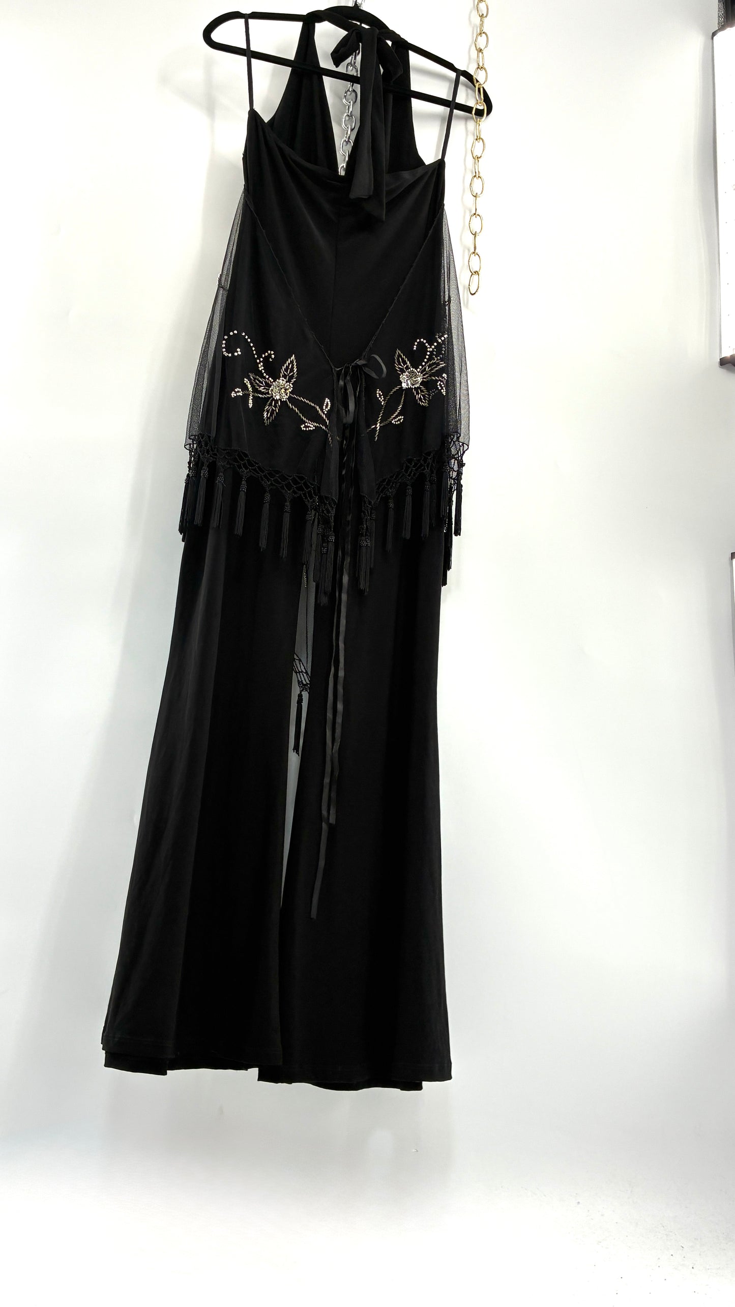 Vintage JANICE Black Jumpsuit with Fringe Embroidered Waist Detail (Large)