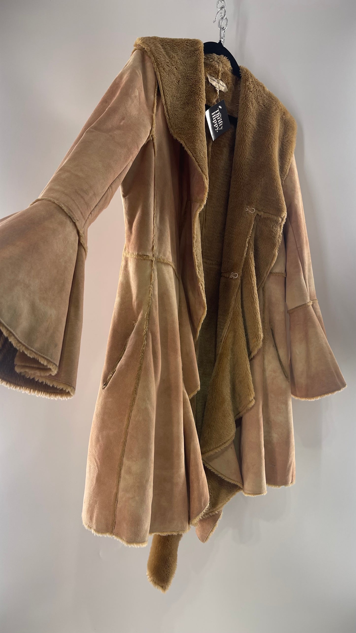 Newport News Tan Faux Suede Coat with Bell Sleeves and Ruffled, Draping Closure  (C) (10)