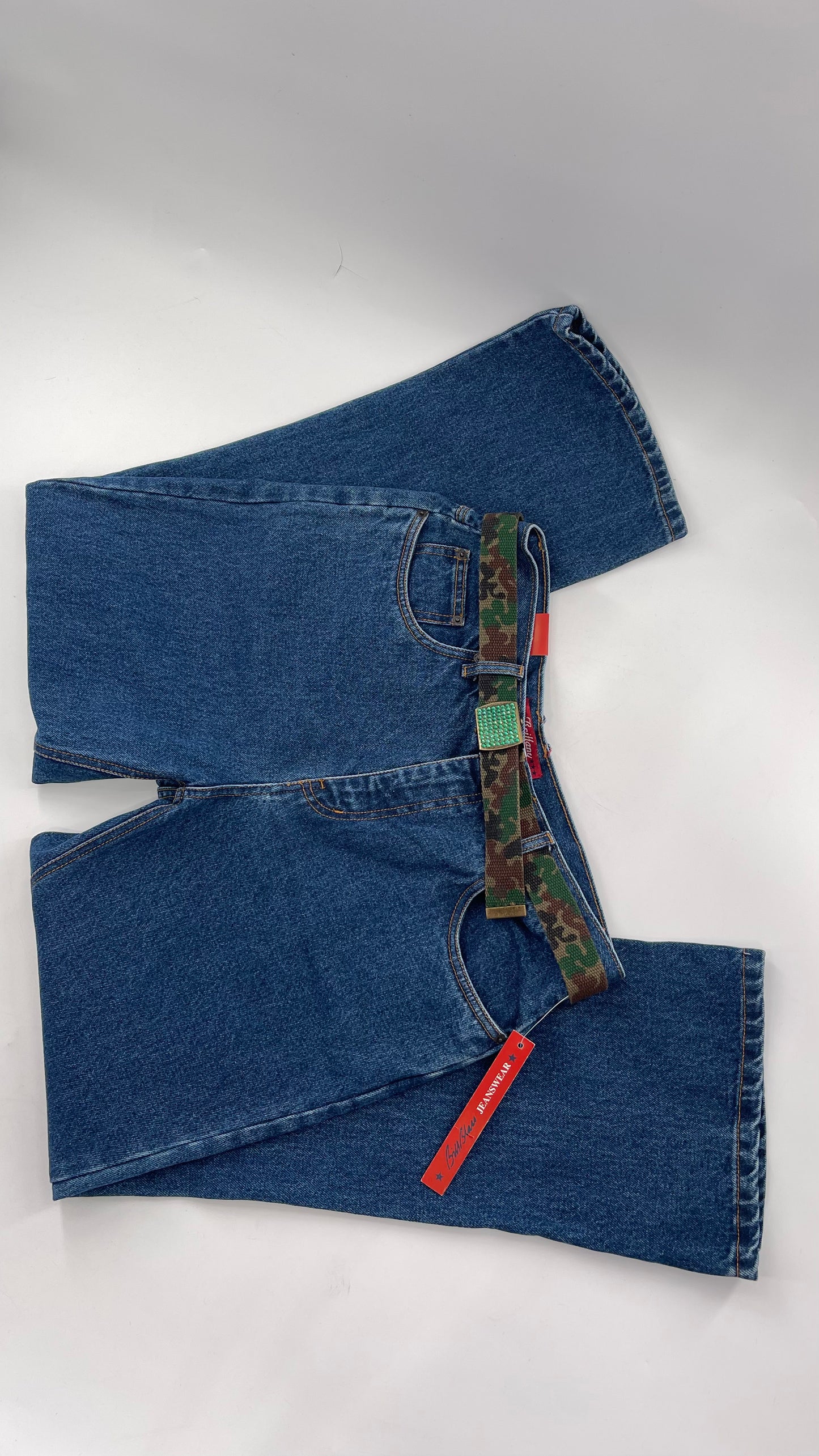 Deadstock Vintage Bill Blass Blue Jean with Camo Belt and Rhinestone Encrusted Buckle  (12P)