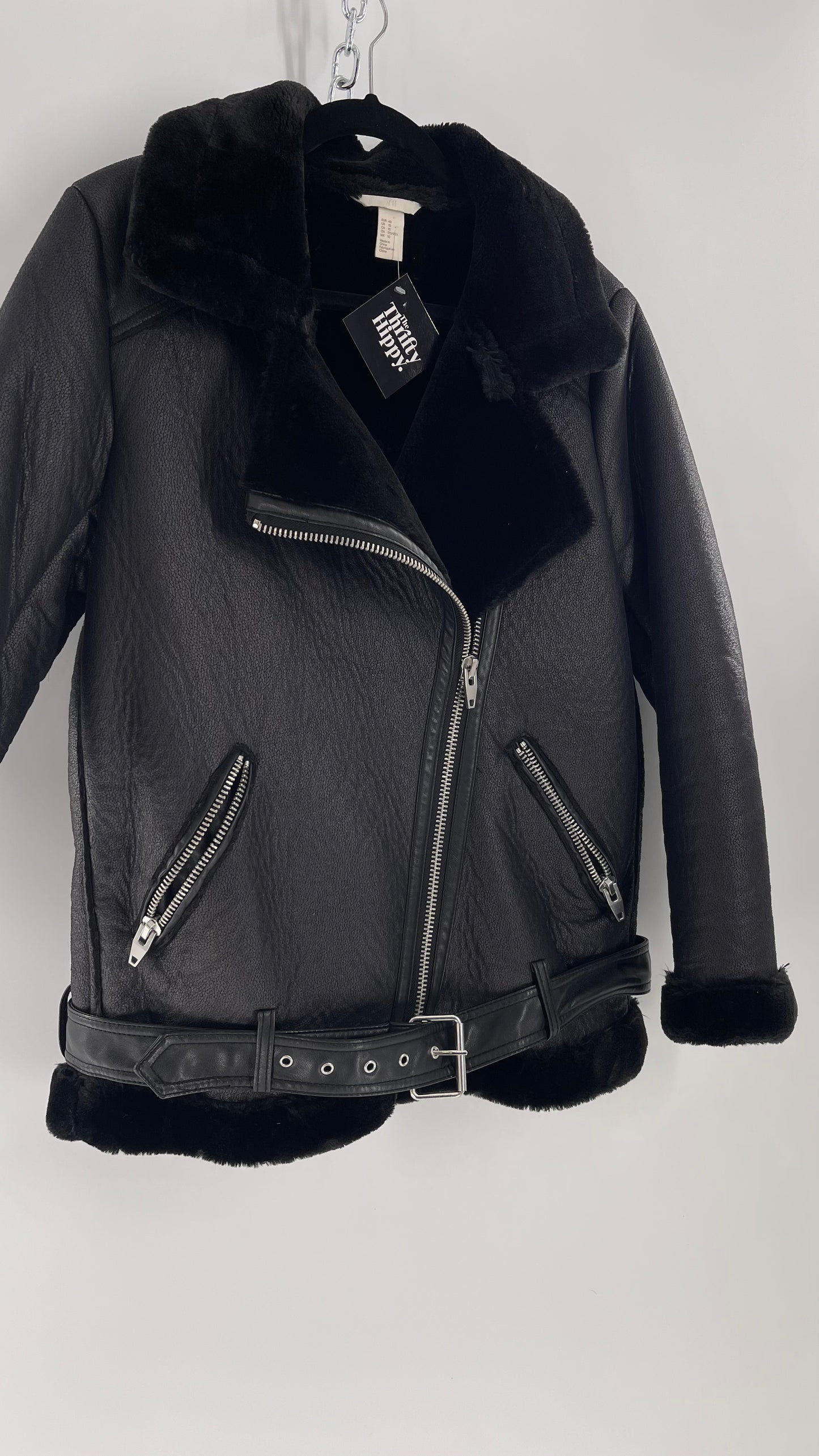 H&M (C) Black Faux Leather Moto Jacket with Faux Fur Lining (10)