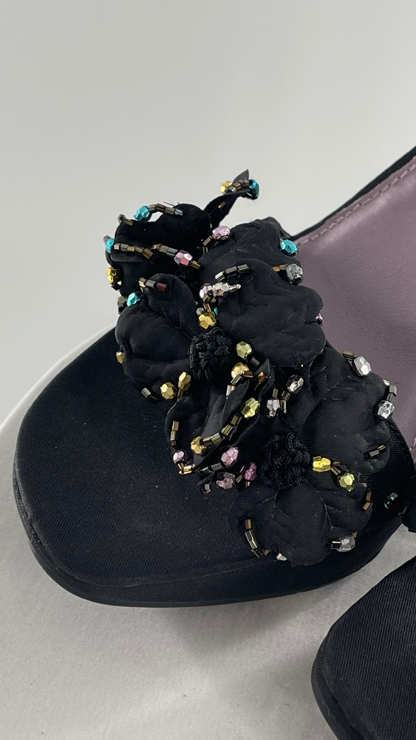 FIONI Vintage Black Wedge Satin Heel with Beaded Floral Rosette Petals (7.5)