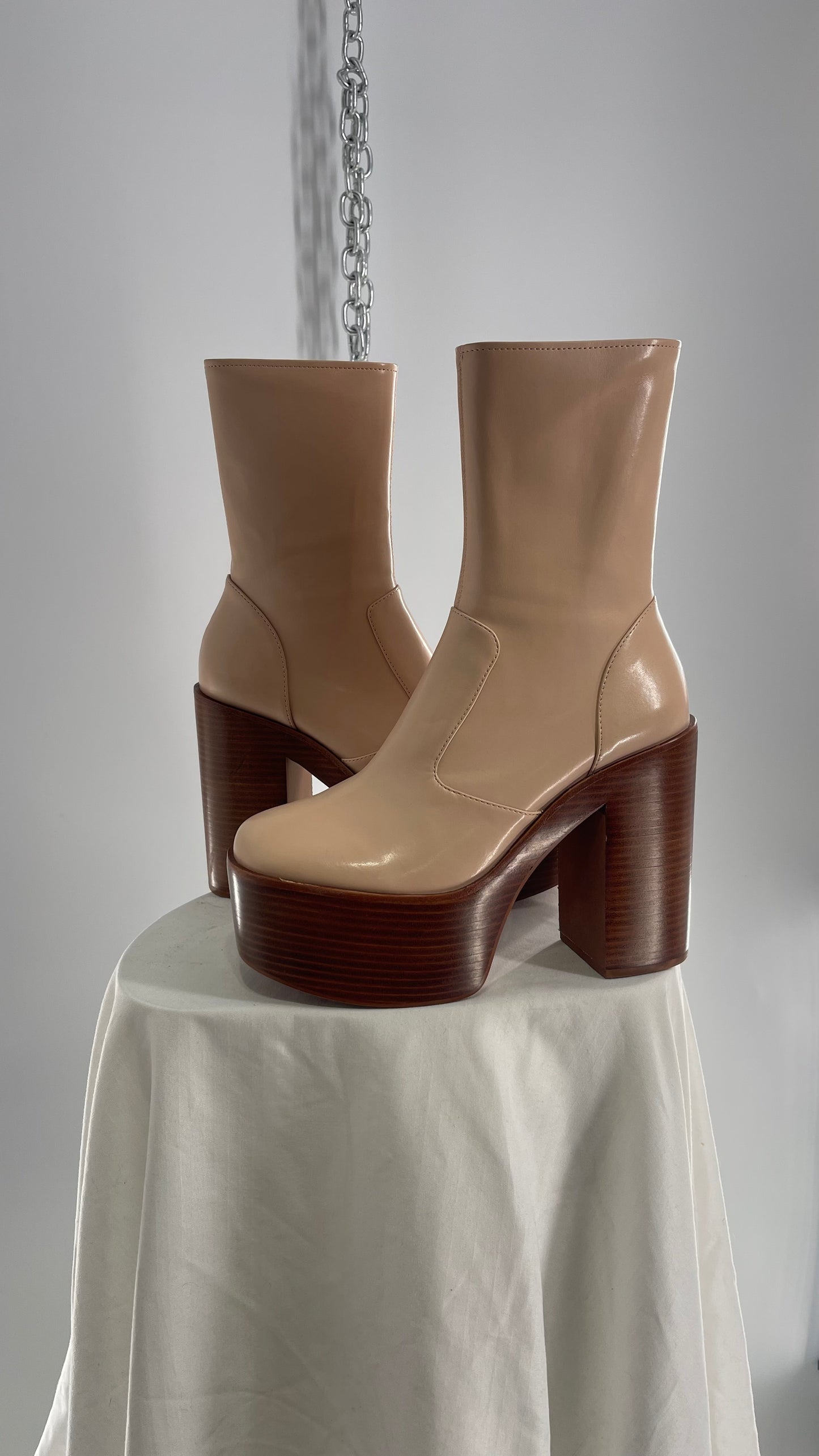 Free People X Jeffrey Campbell Mexique GoGo Boots • Beige Patent Boot with Wood Grain Chunky Block Heel and Platform  (8)