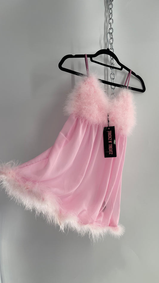 TRICKZ N TREATZ Pink Ostrich Feather Babydoll Slip  (Medium)