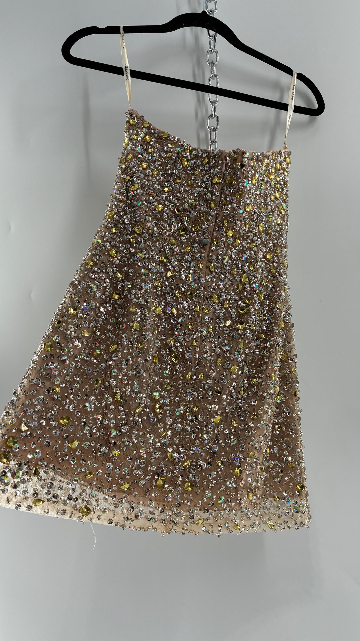 Vintage SHERRI HILL Nude Tan Underlay Mini Dress, Full Bedazzled and Covered in Beads  (6)