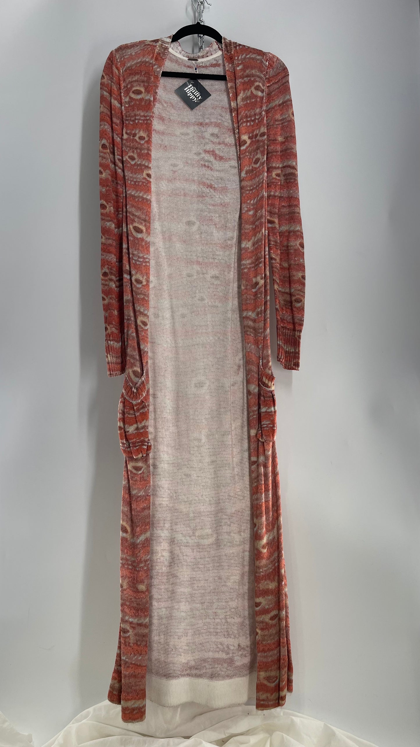 Free People Knit Floor Length Salmon Orange Patterned Cape (L)