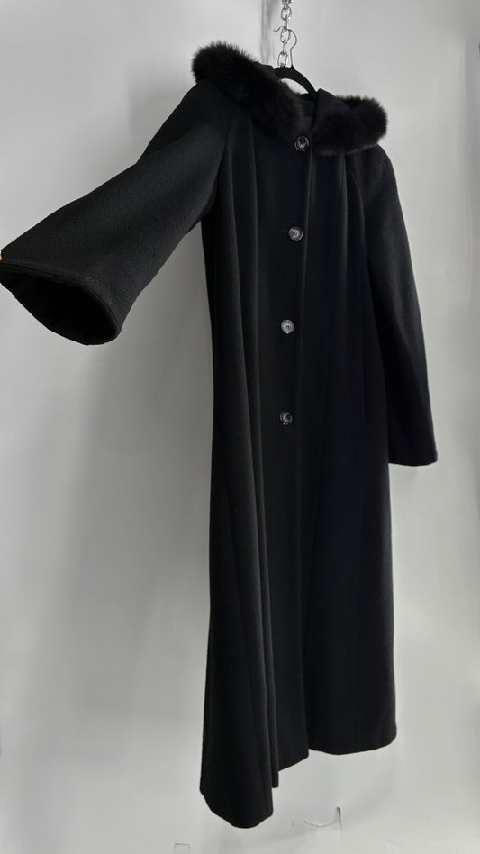 Vintage ANDREA COLLECTION Black Wool Blend Full Length Coat with Fur Trim Hood (12)