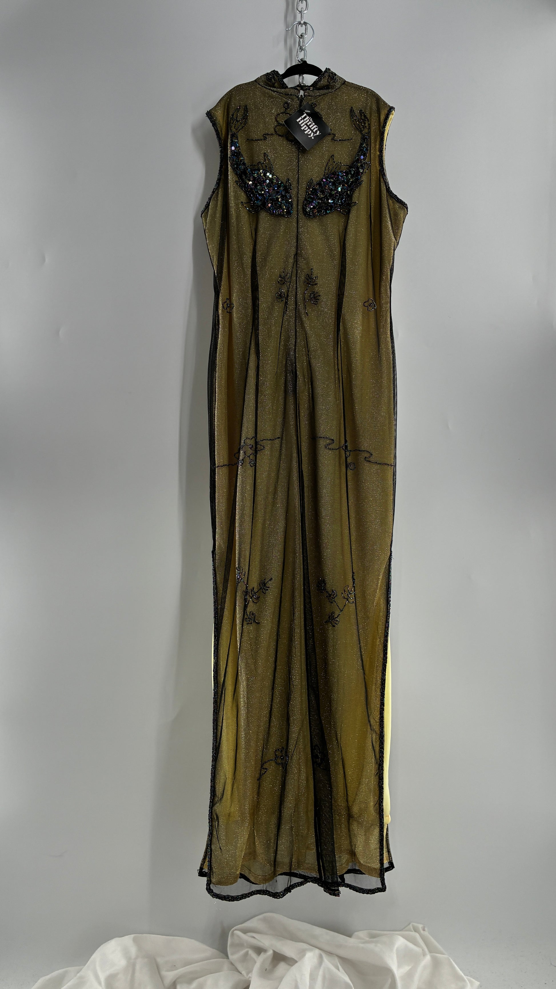 Vintage 1990s One of a Kind Handmade, Green Gown with Beaded Koi Fish, Metallic Tulle Overlay, and Symmetric Back (Medium)