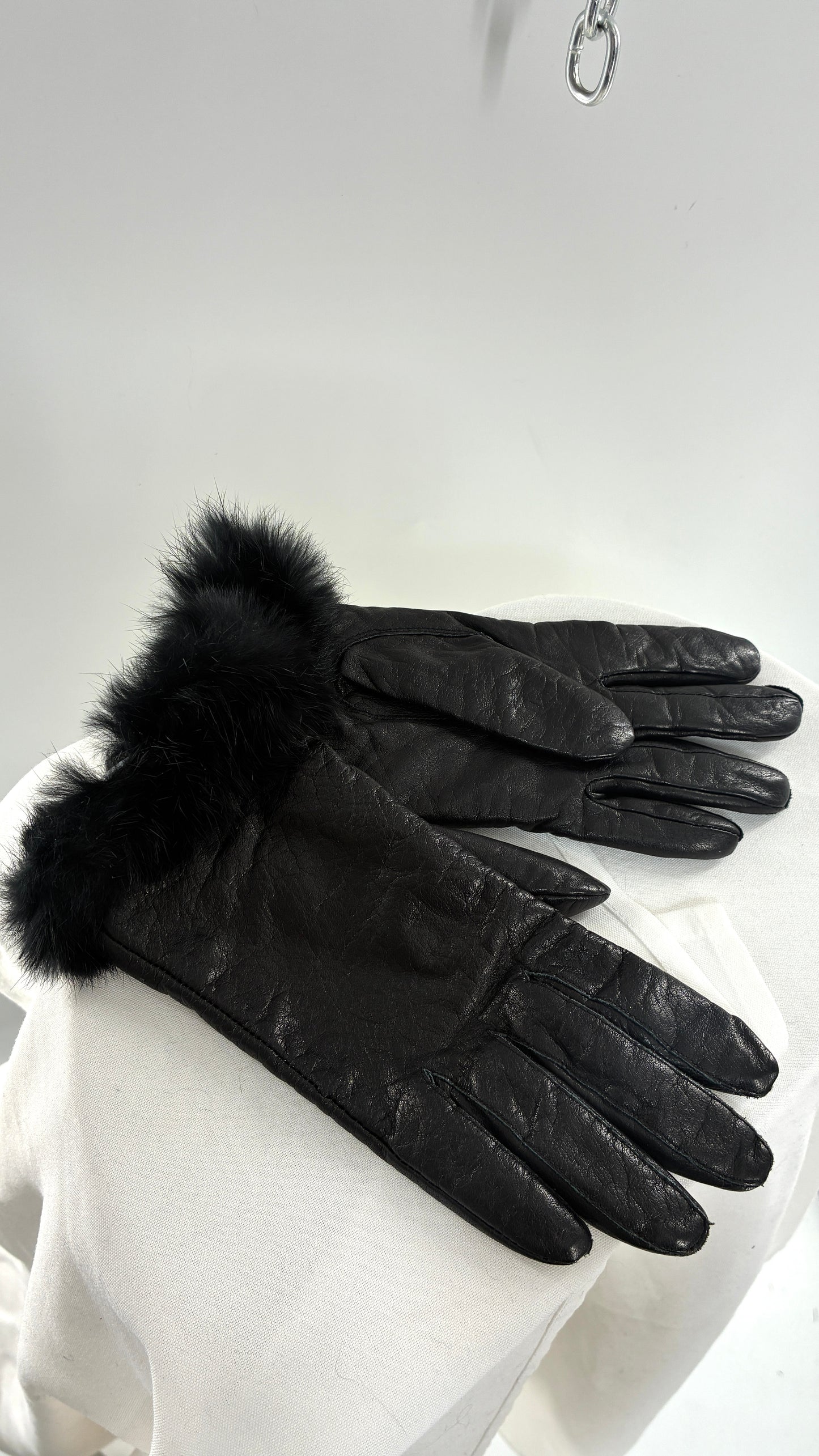 Vintage Black Genuine Leather Gloves with Rabbit Fur Trim