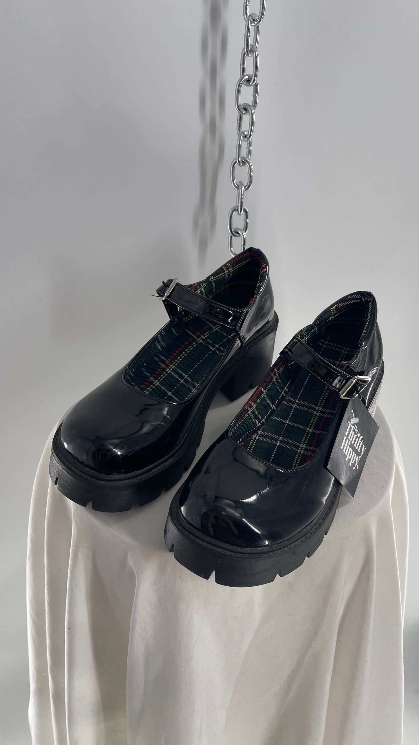 Black Patent Mary Janes with Chunky Platform and Plaid Lining (8)