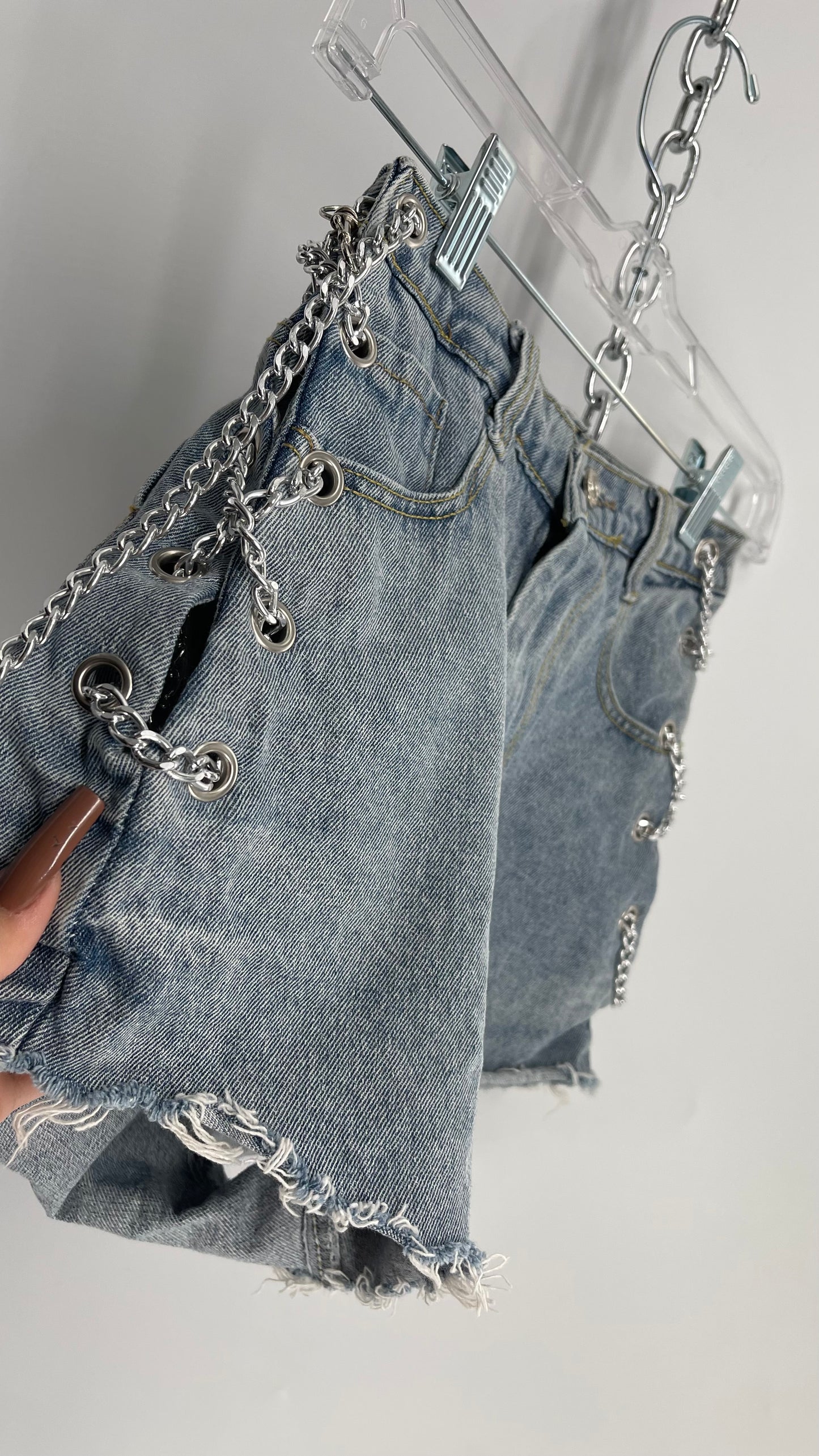 Vintage High Waisted Open, Chain Side Denim Shorts (Small)