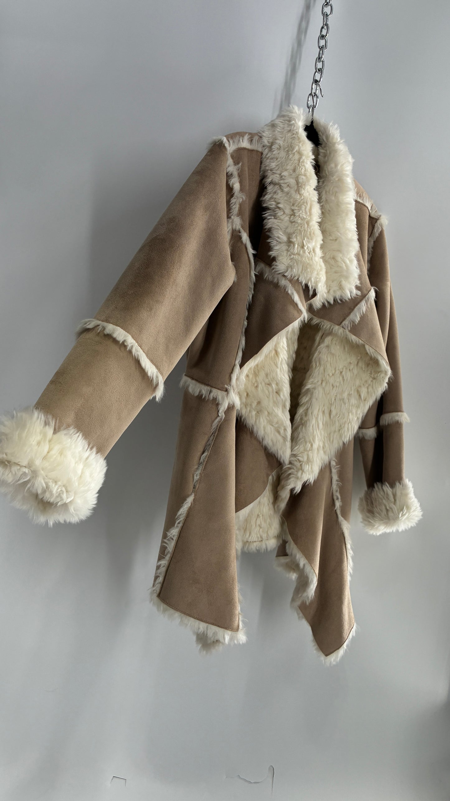 Fabulous Furs Vegan Suede Coat with Faux Fur Piping and Cuffs (Large)