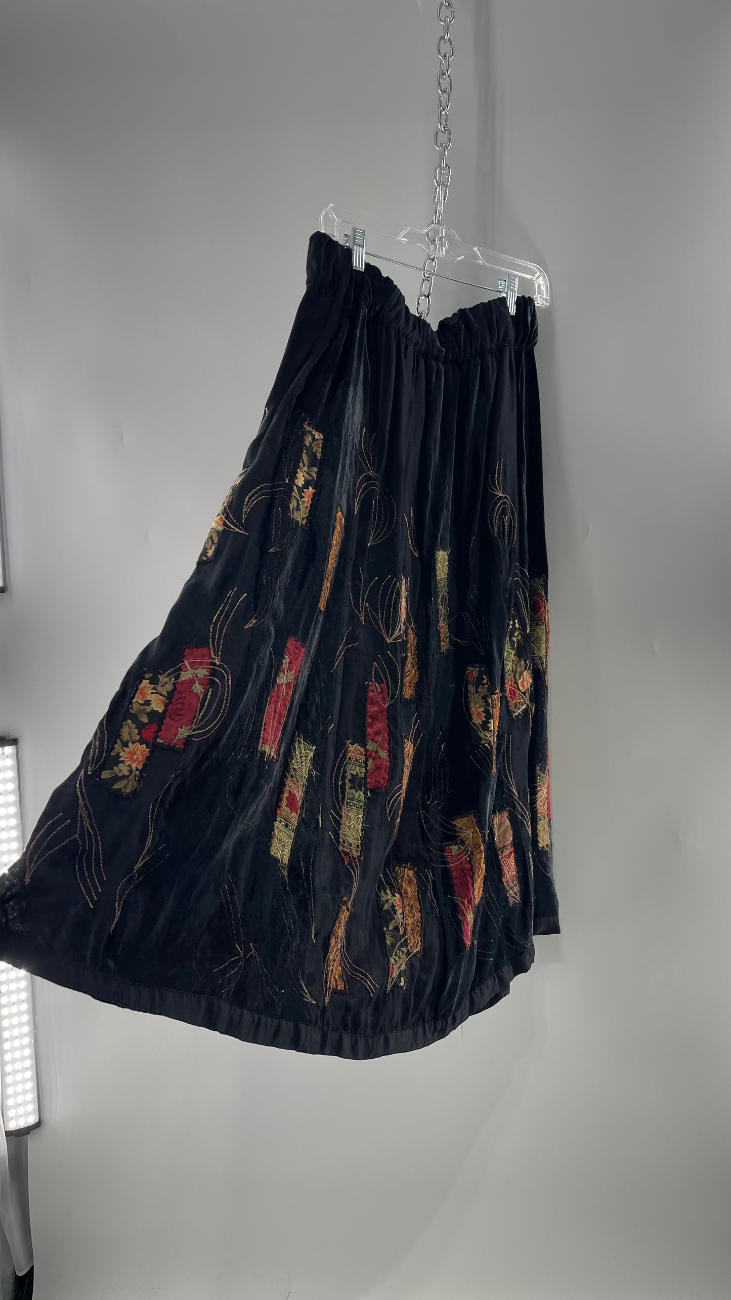 Vintage Black Velvet and Embossed Florals Patchwork Skirt with Metallic Stitch Detailing with Lining and Thick Waistline (M)