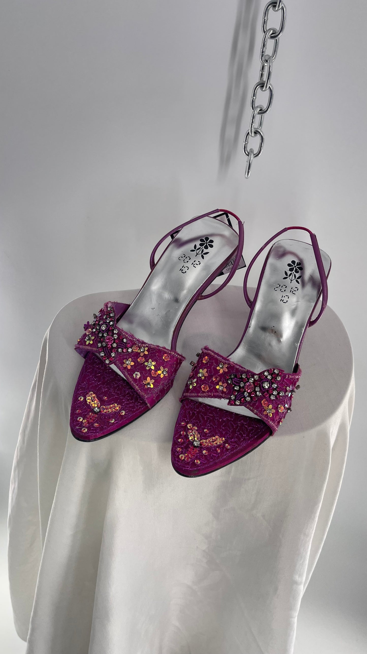 Vintage 20:12:10 Fuchsia Beaded Satin Pointed Toe Slingback Heels (7.5)