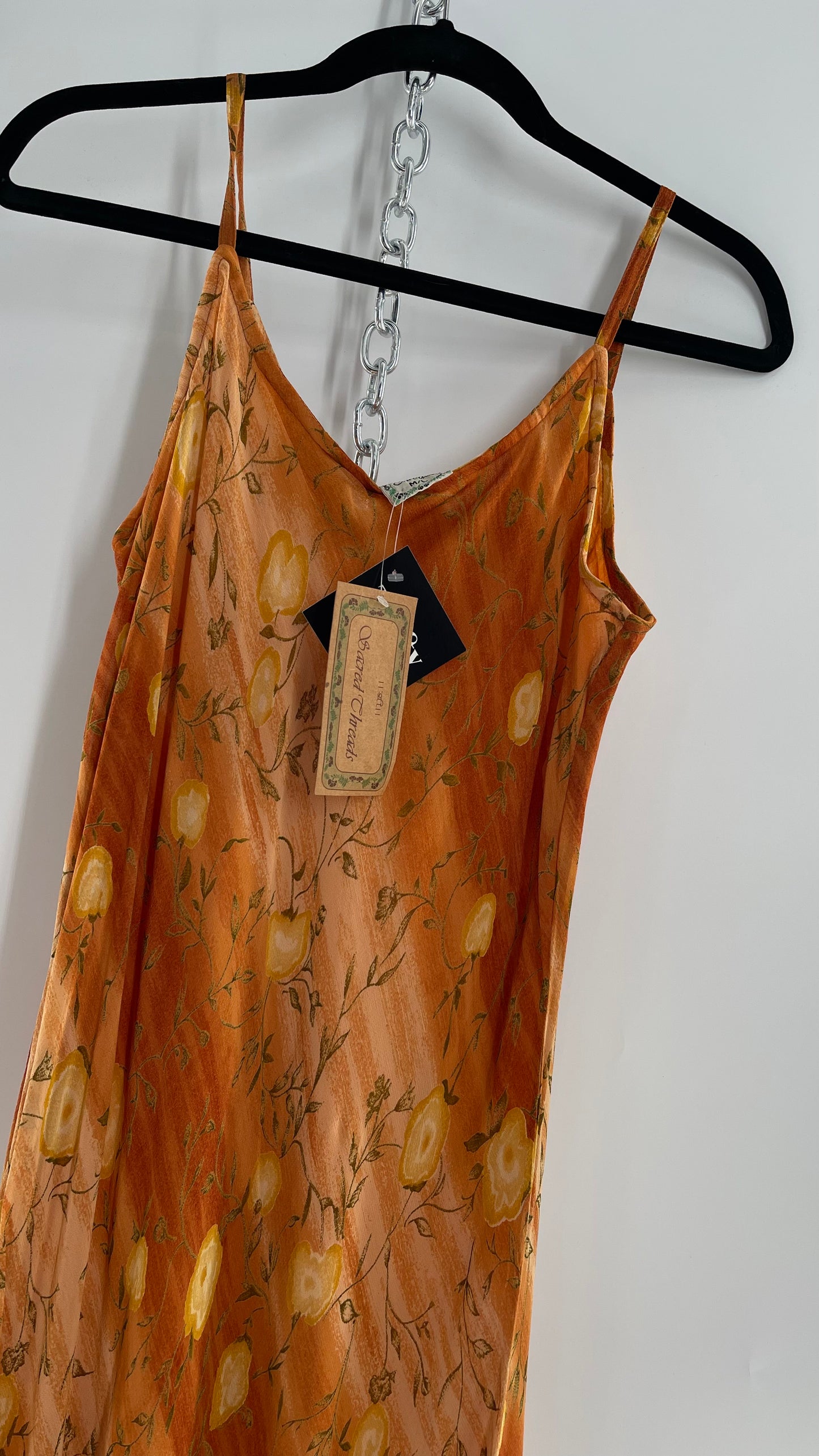 Deadstock Vintage 1990s Sacred Threads Midi Sunset Ombré Dress with Yellow Flowers  (M/L)