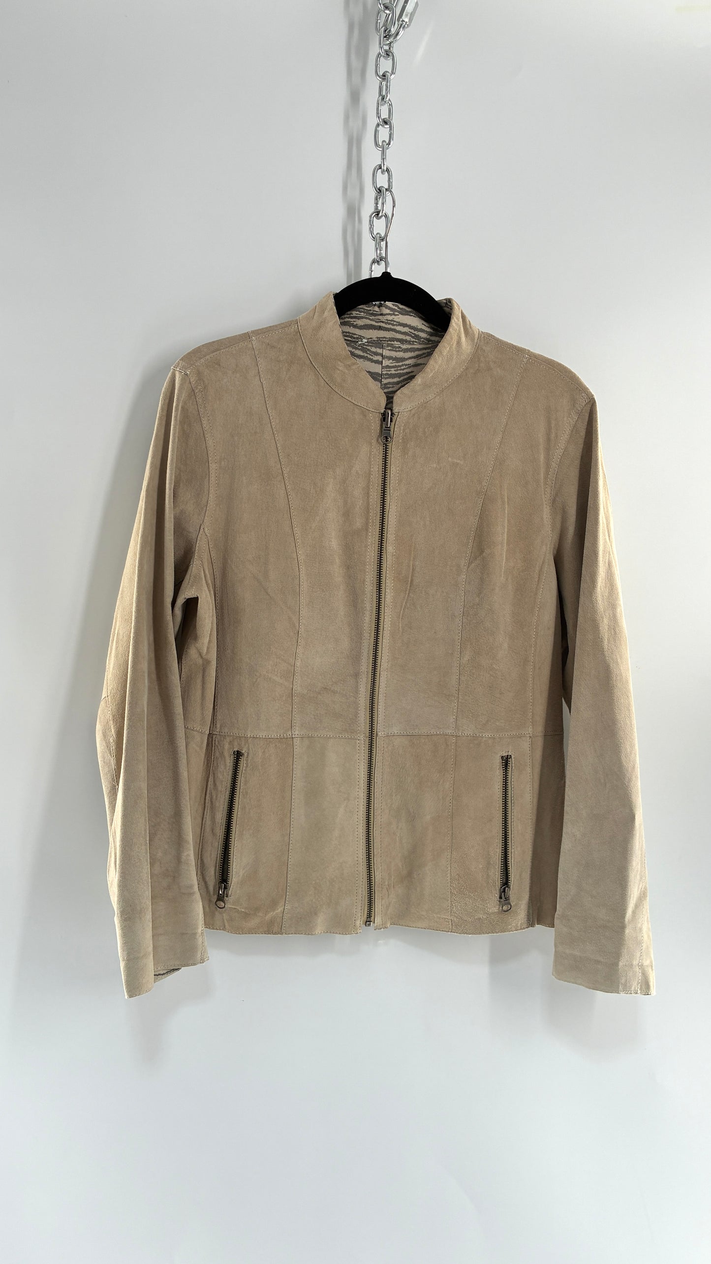 Vintage Reversible Thin Genuine Suede Leather Zip Up Jacket Beige/Zebra (Medium)