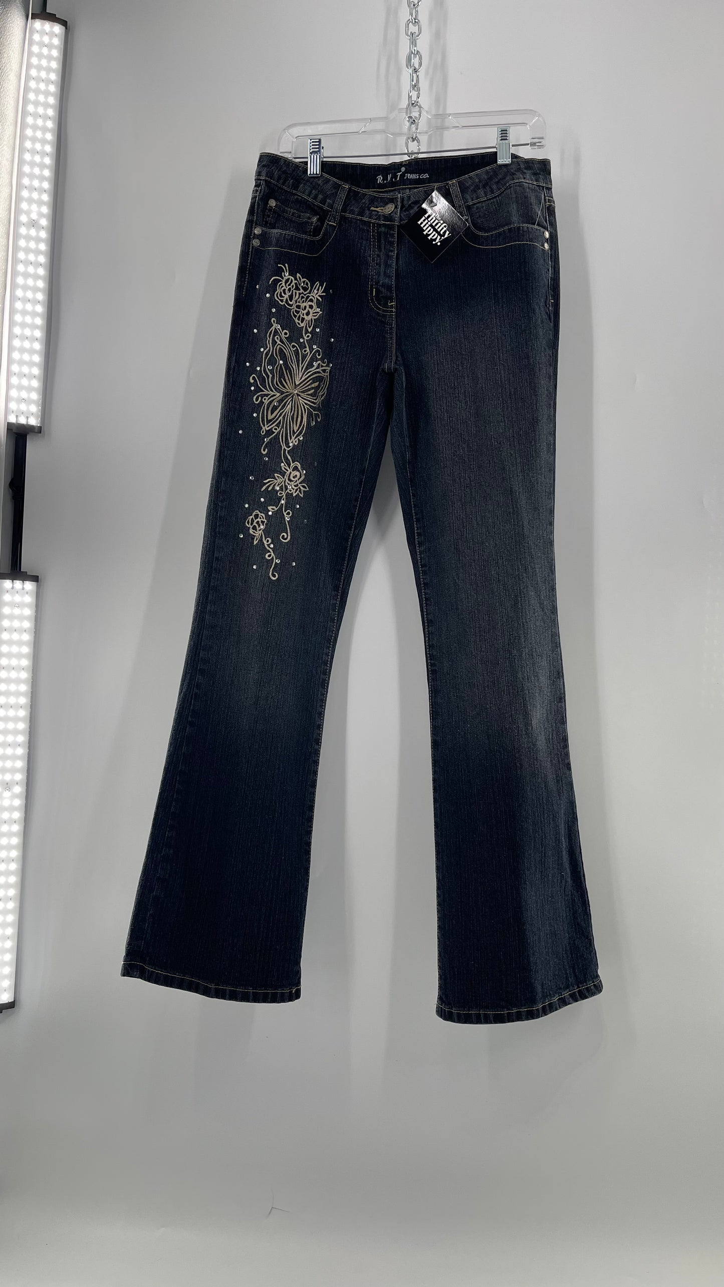 Vintage RVT Grey Kickflare Jeans  with Butterfly Embroidery and Rhinestone Embellishment (9/10)