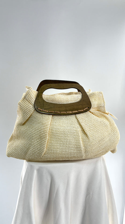 Off White Woven Clutch Bag with Wooden Handle Detail