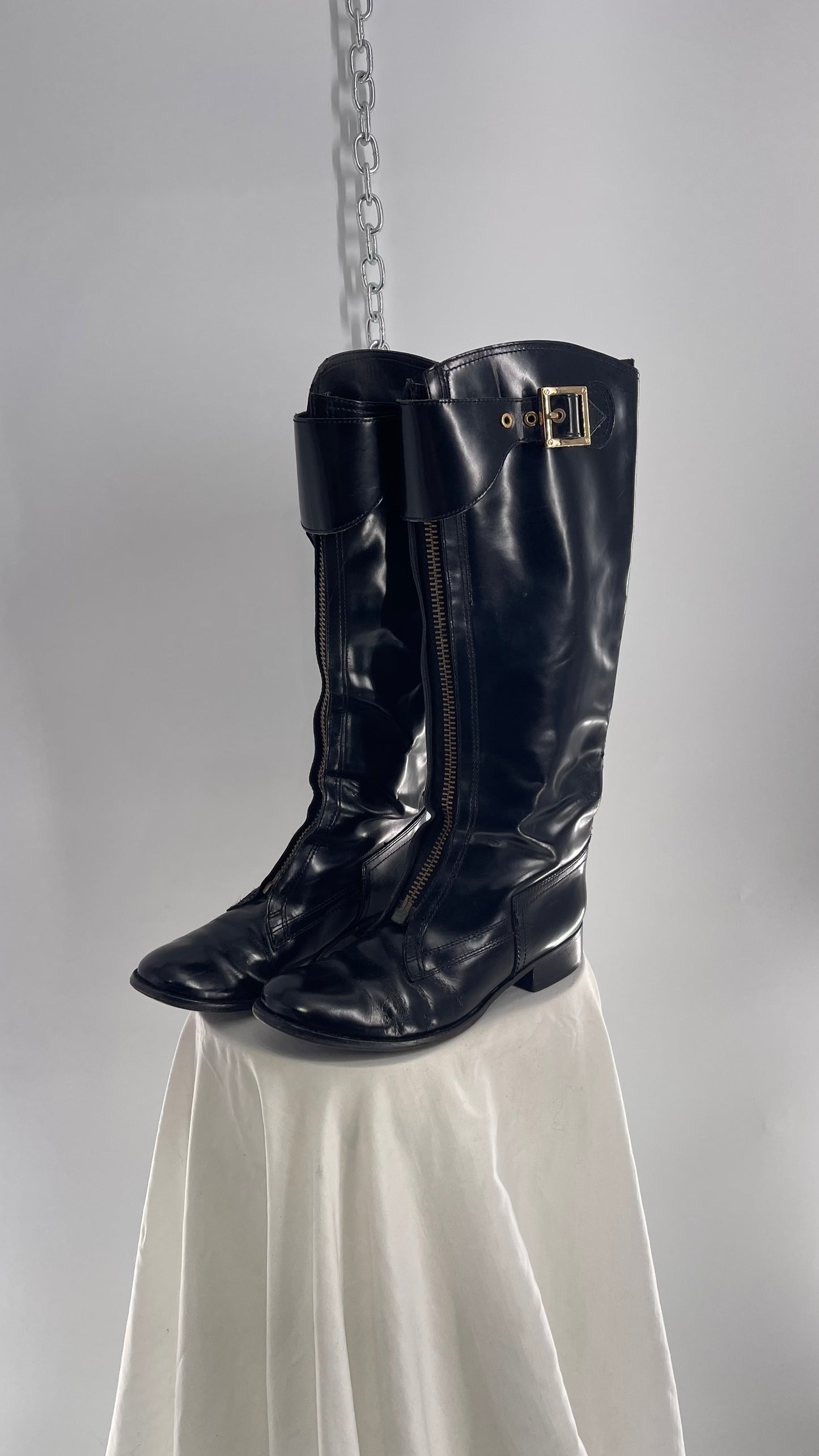 Vintage Tory Burch Patent Leather Bronze Zipper Front Riding Boots (8)