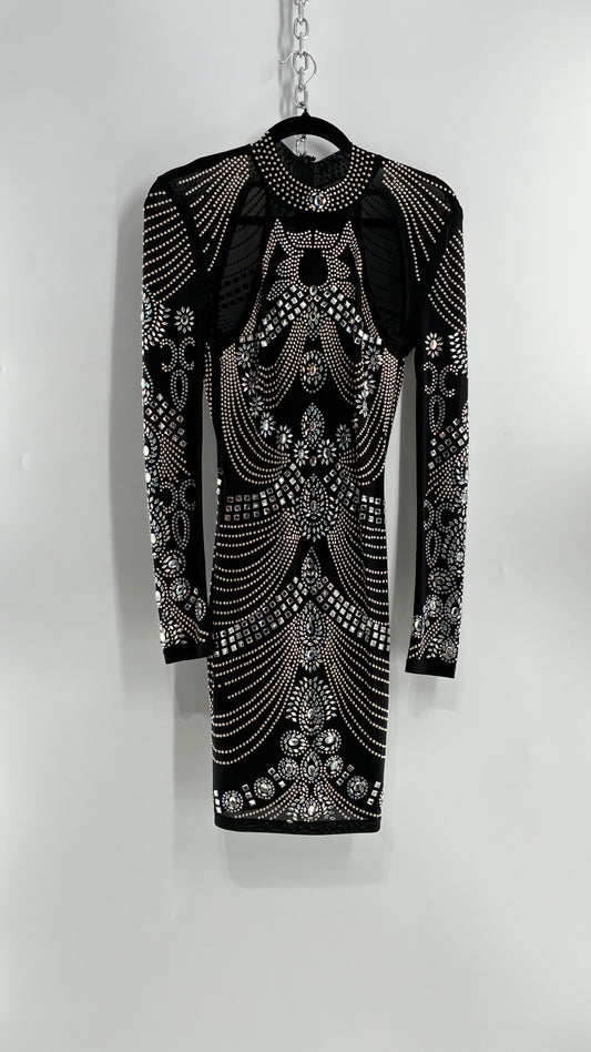 Black Bedazzled Mini Dress with Cut Out Details Covered in Gems (Small)
