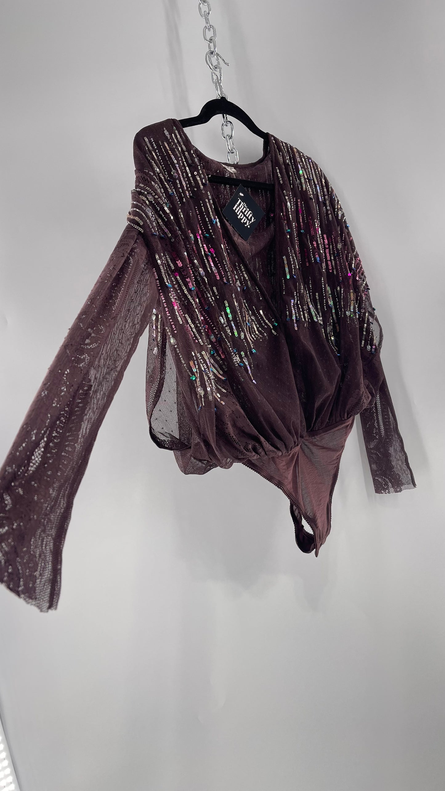 Intimately Free People Plum Mesh Bodysuit with Lace Sleeves and Beaded/Sequined/Embellished Body (Medium)