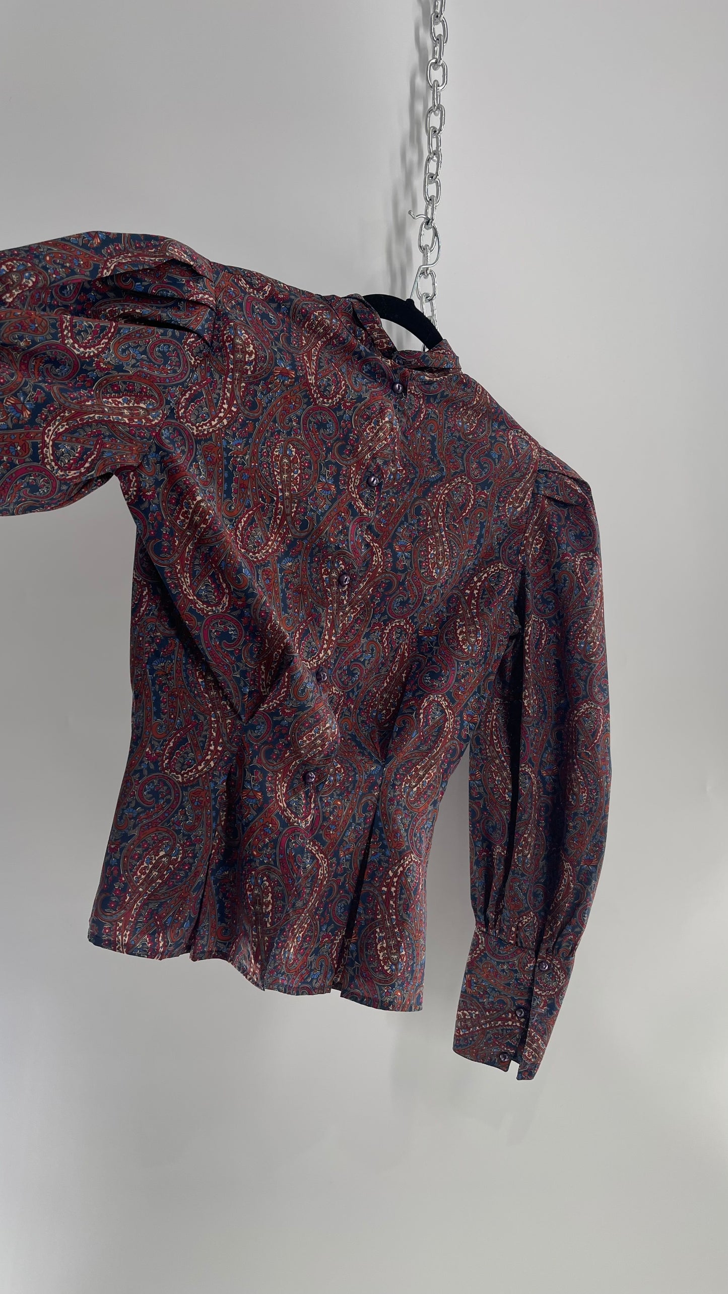 Vintage First Glance Paisley Balloon Sleeve, Sculpted Waist, Tie Neck Blouse from El Salvador (9/M)