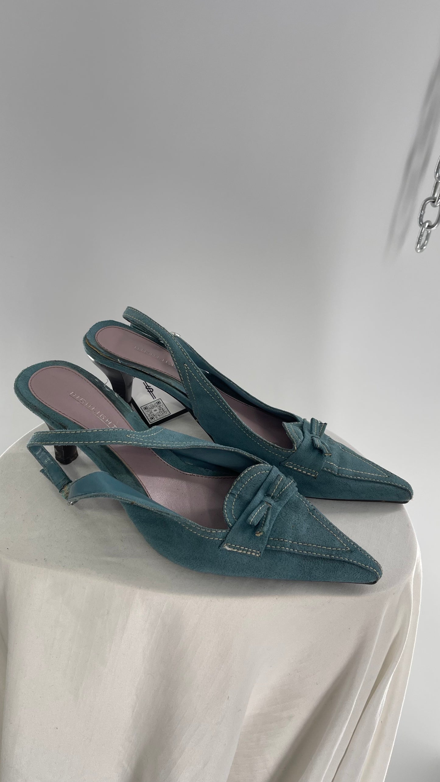 Vintage HIGHLIGHTS Blue Suede Pointed Toe Kitten Heel Slingbacks (7.5)