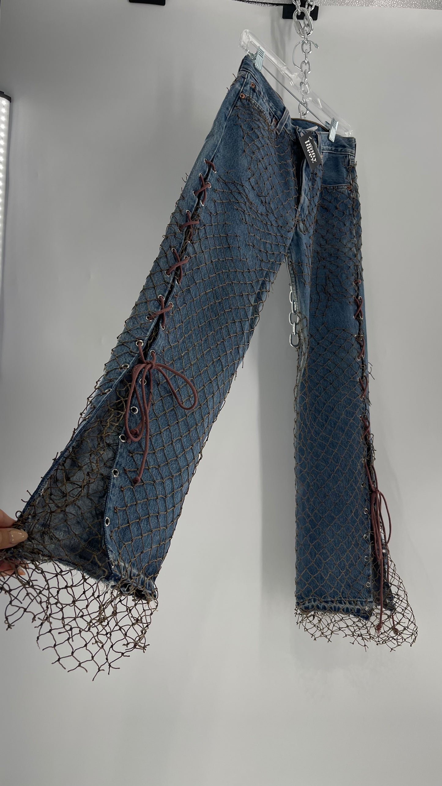 Custom - Fishnet Levi’s with Grommets and Lace Up Sides (Waist 29 Length 30) Fits Like a 26