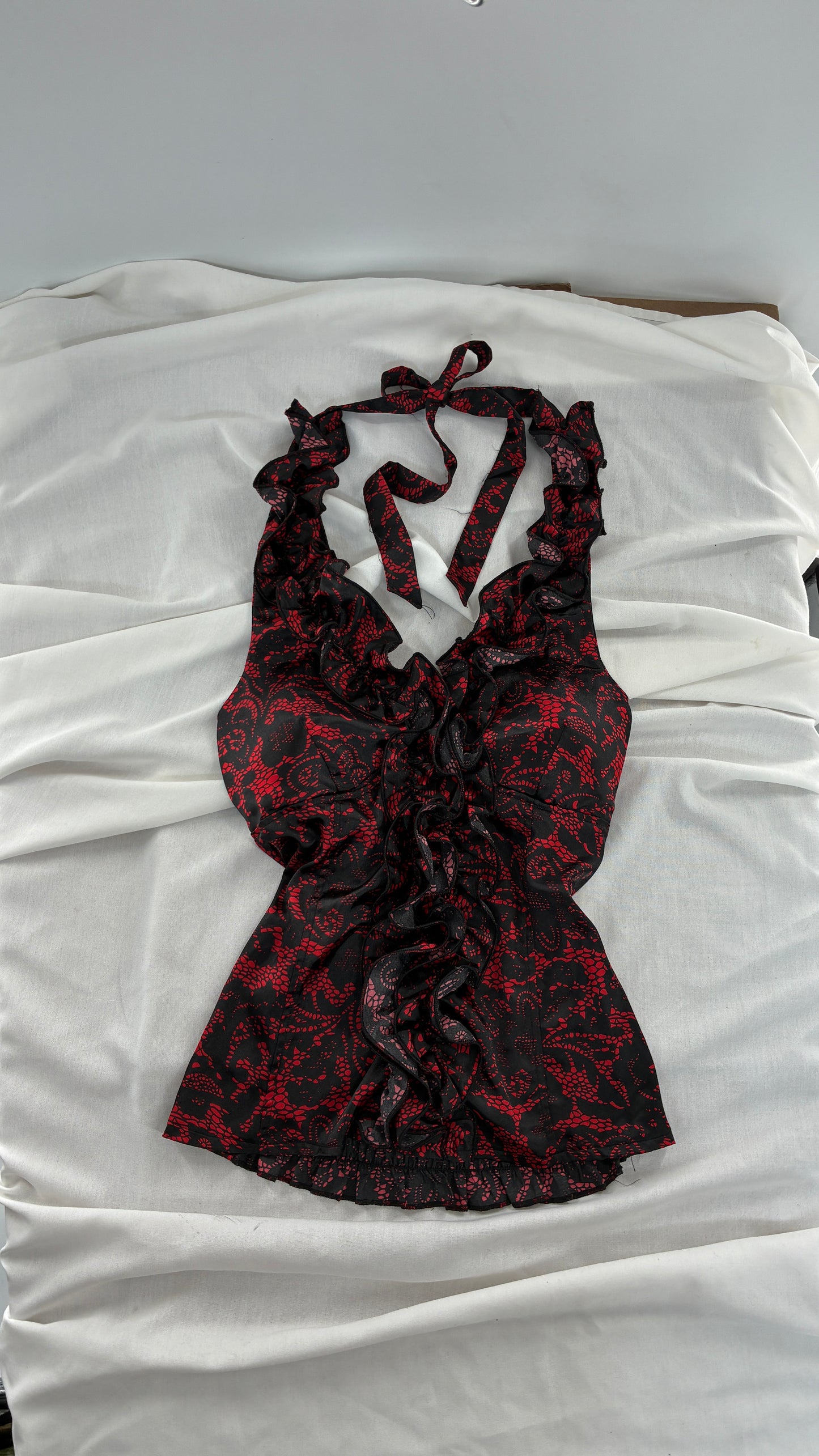 Vintage MYTH Red Black Lace Print Ruffle Halter with Padding (Medium)