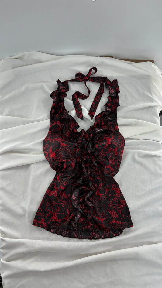 Vintage MYTH Red Black Lace Print Ruffle Halter with Padding (Medium)