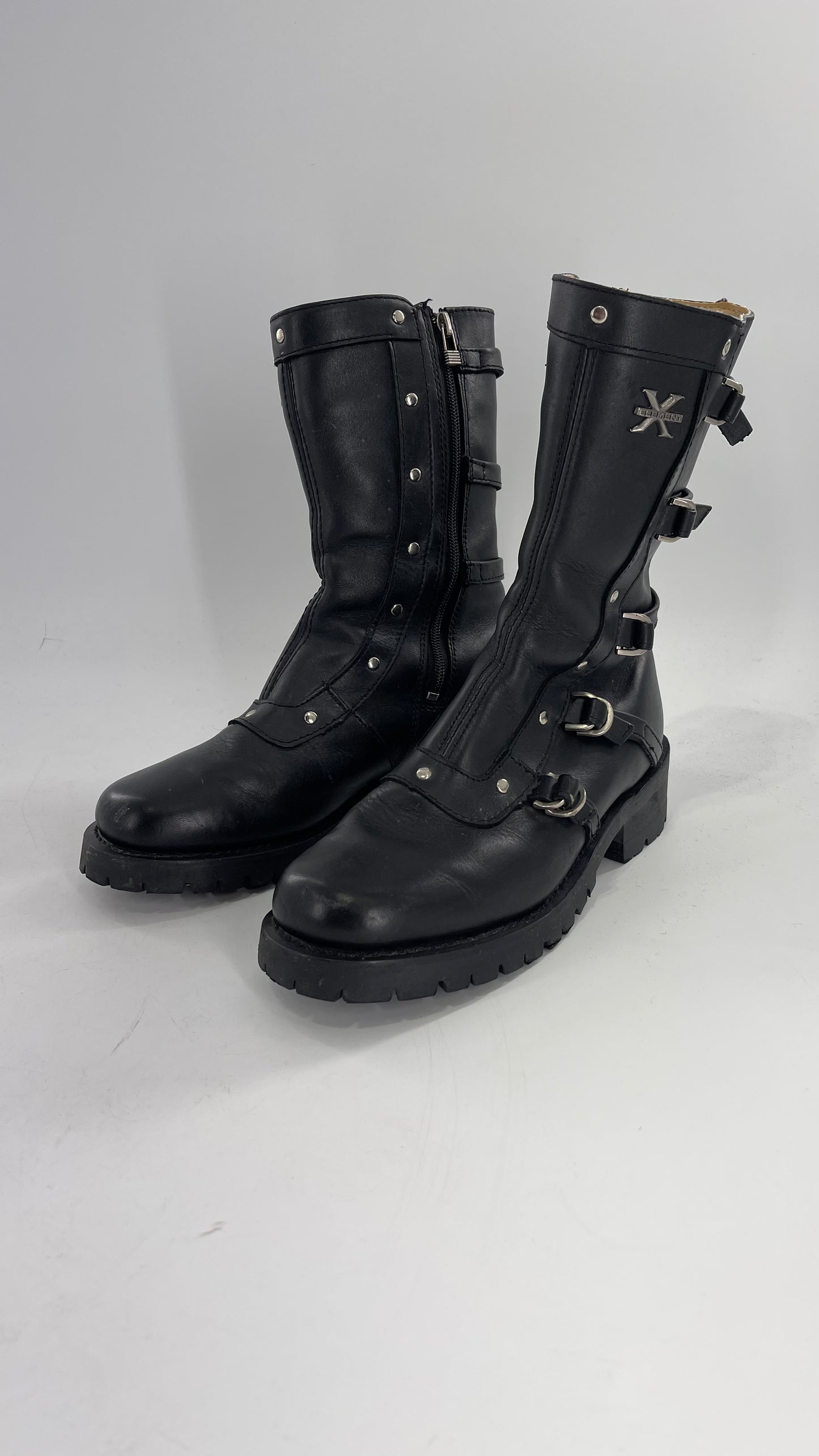 Vintage 1990s XELEMENT Buckle Side Genuine Leather Steam Punk Boots (Women’s 8.5)