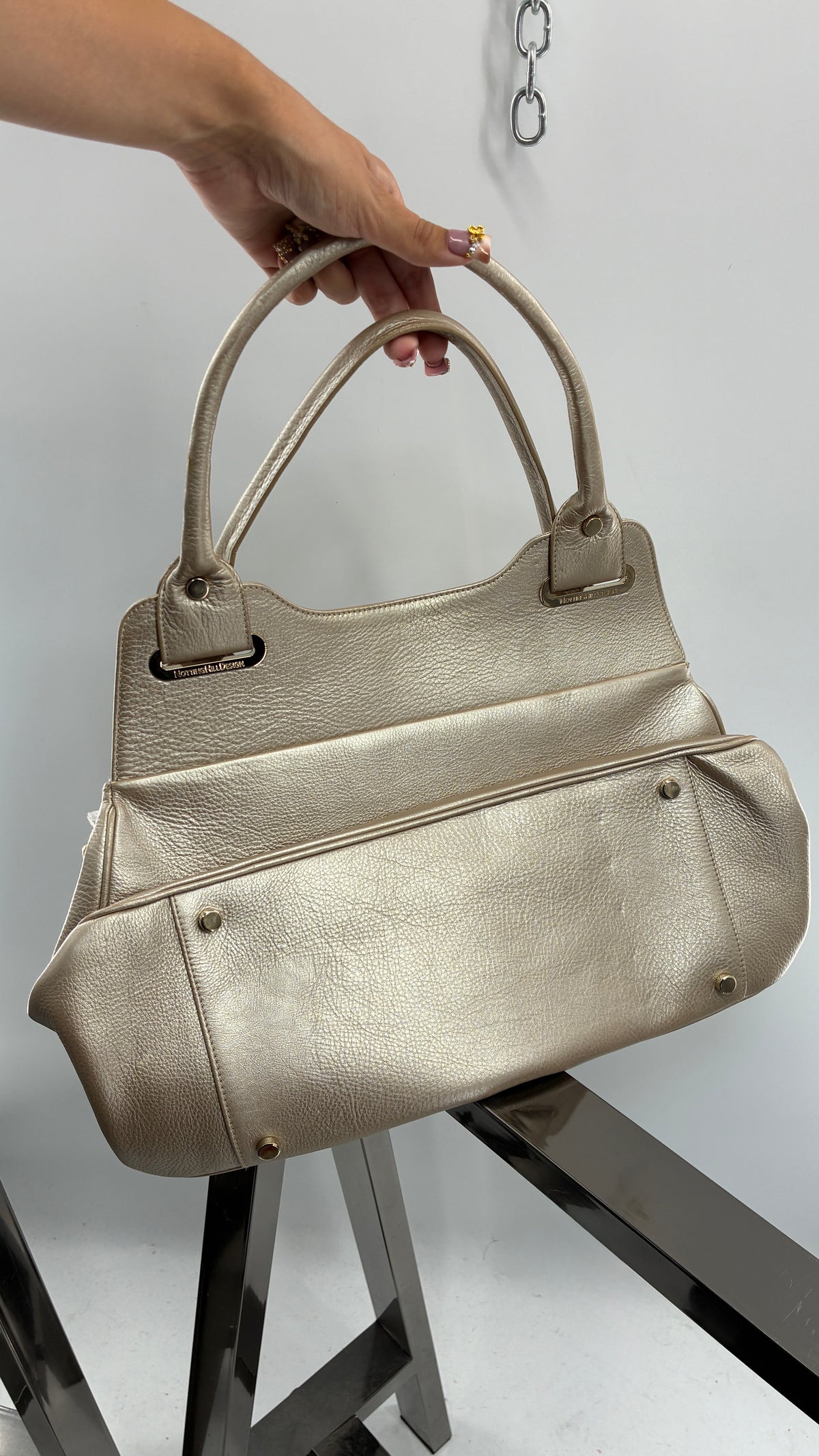 Vintage NOTTINGHILL DESIGNS Westbourne Metallic Champagne Genuine Leather Pocketed Bag with Exaggerated Hardware As Seen on Gossip Girl