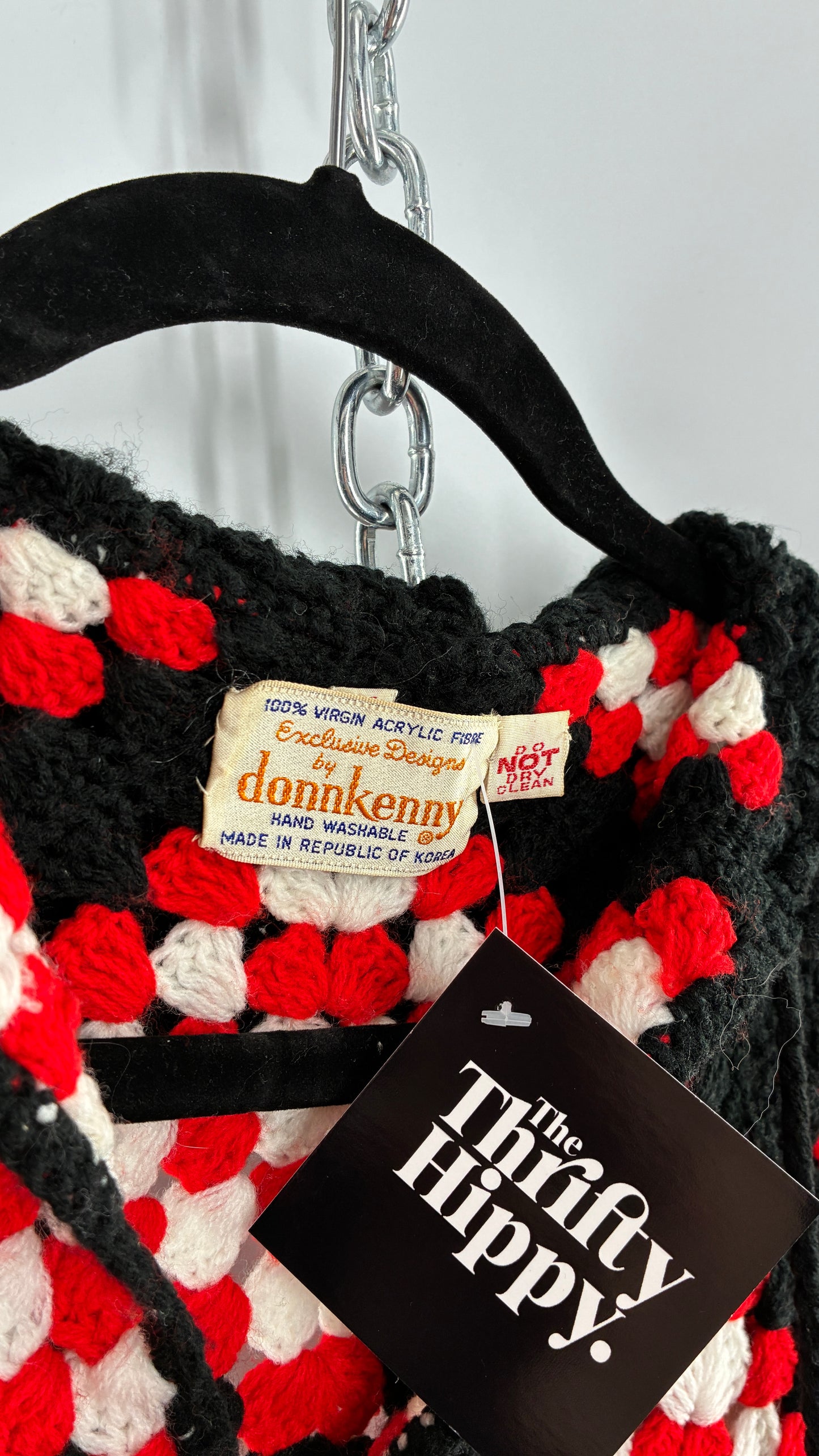 Vintage 1970s DONNKENNY Handmade Knit Poncho with Collar and Fringe (Medium)