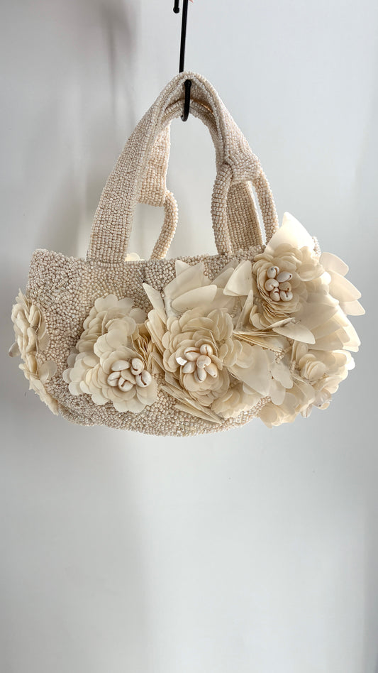 Beaded Off White Purse with Sequin and Shell Flowers