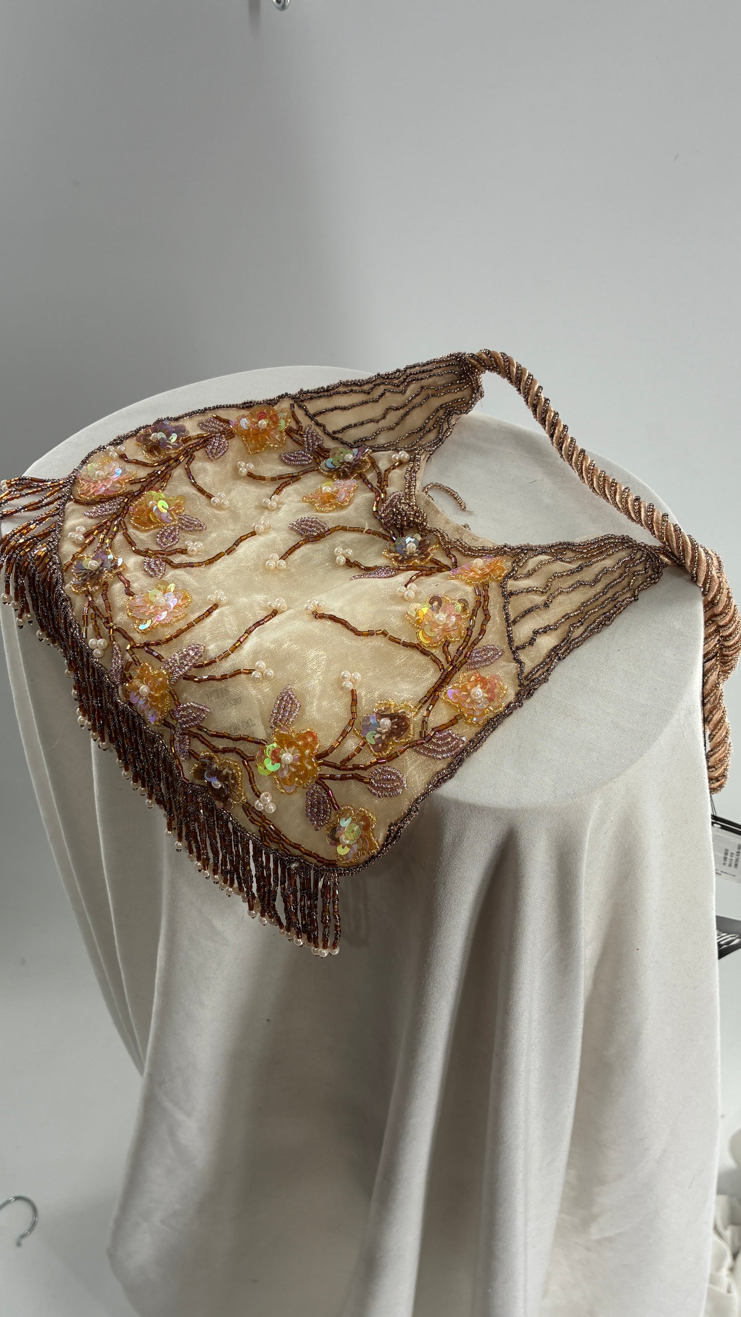 Vintage Deadstock Beige Beaded Fringe Purse with Embroidered Beaded Florals