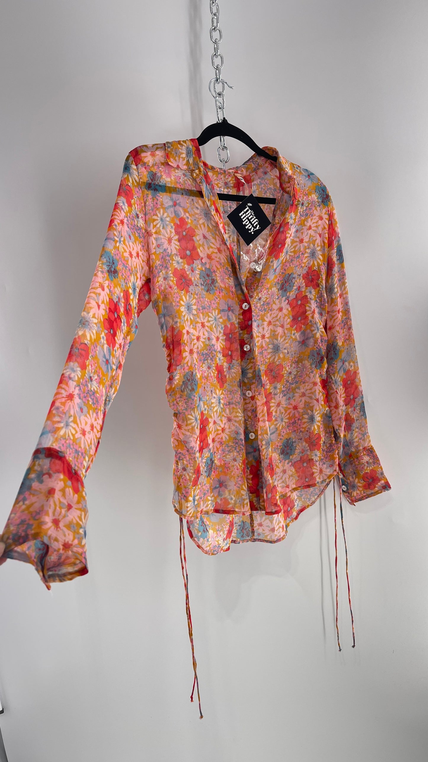 Free People Sheer Orange Floral Button Up with Ruched Sides (XS)