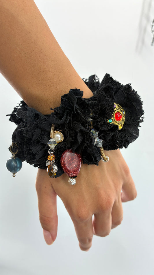 Handmade Black Rosette & Eclectic Charm Statement Cuff