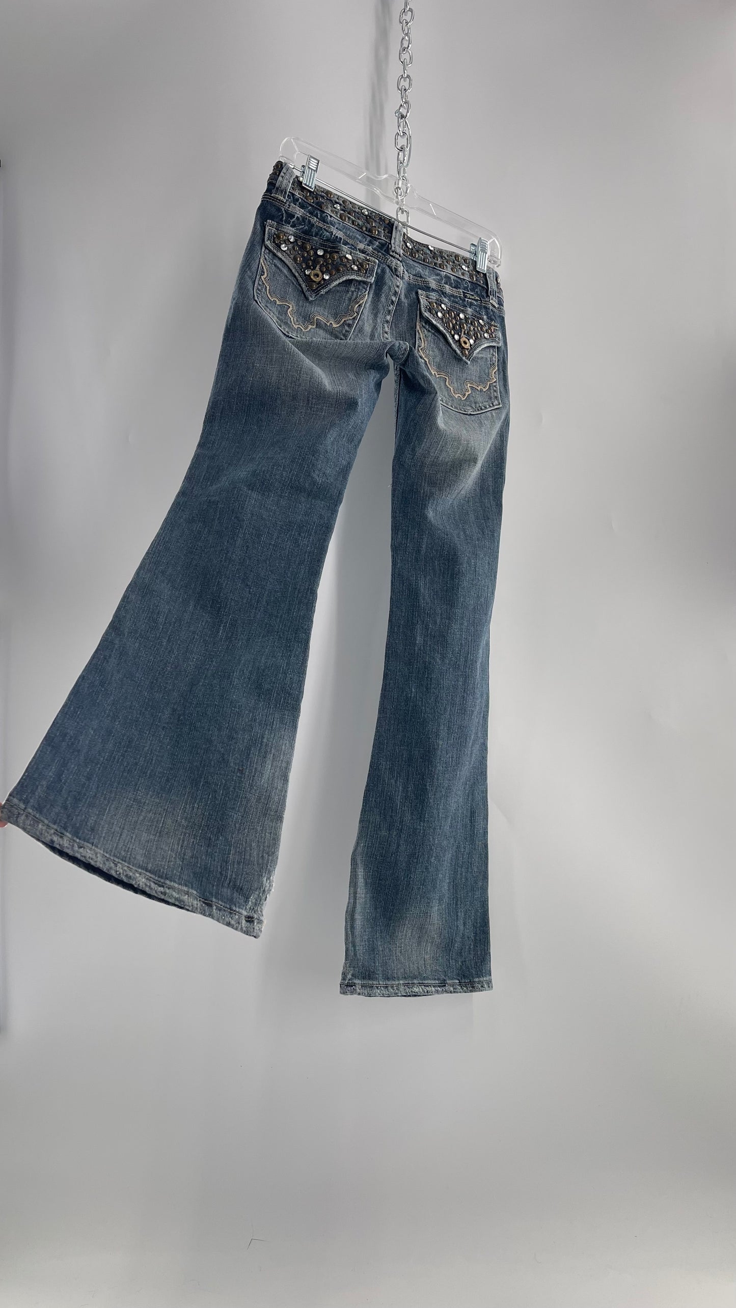 Vintage Miss Me Grainy Stone Wash Kick Flares with Studded Low Waist and Back Pockets (26)