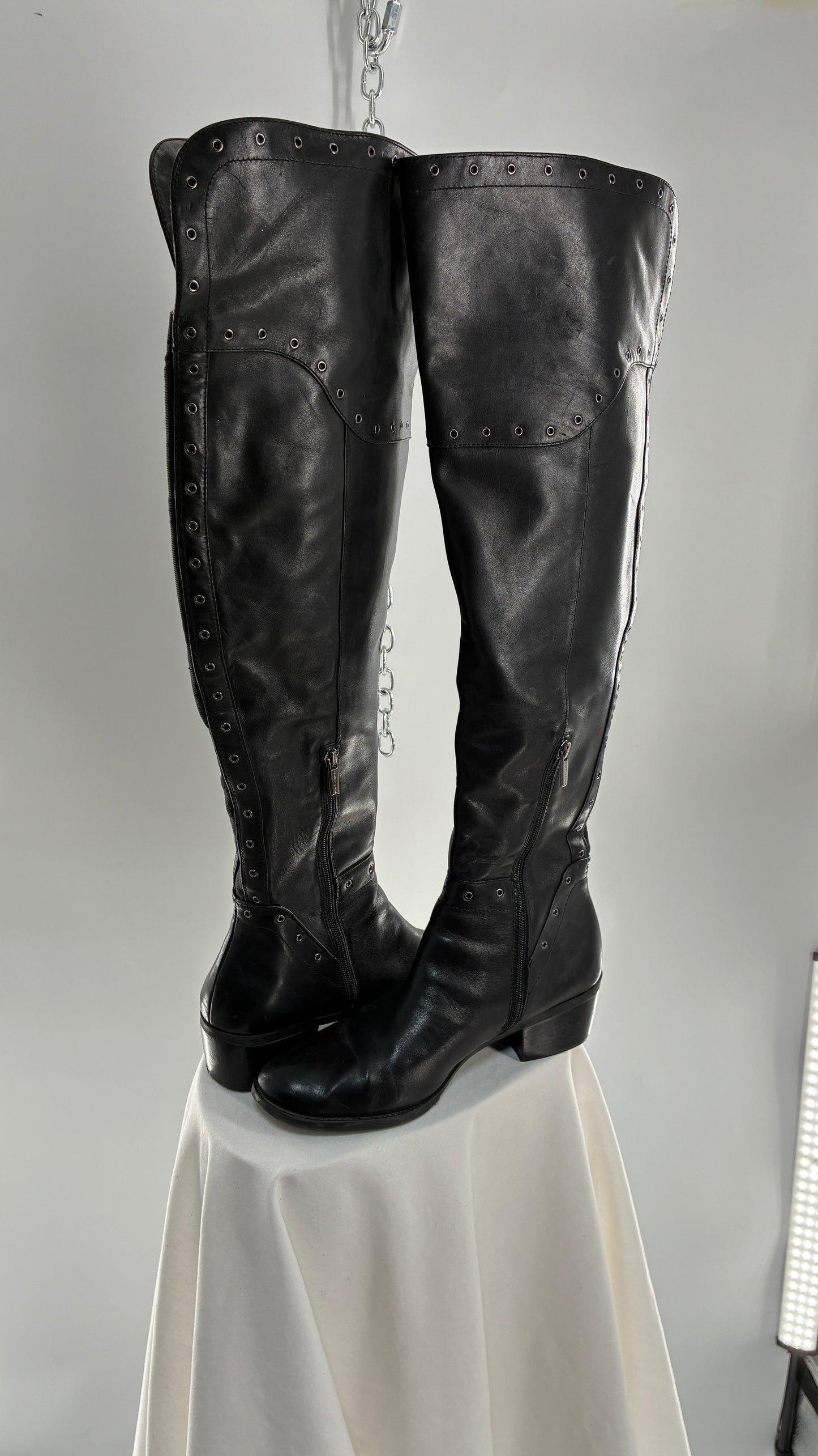 VINCE CAMUTO Genuine Leather Black Over the Knee, Thigh High Boots with Studding Details (11/41)