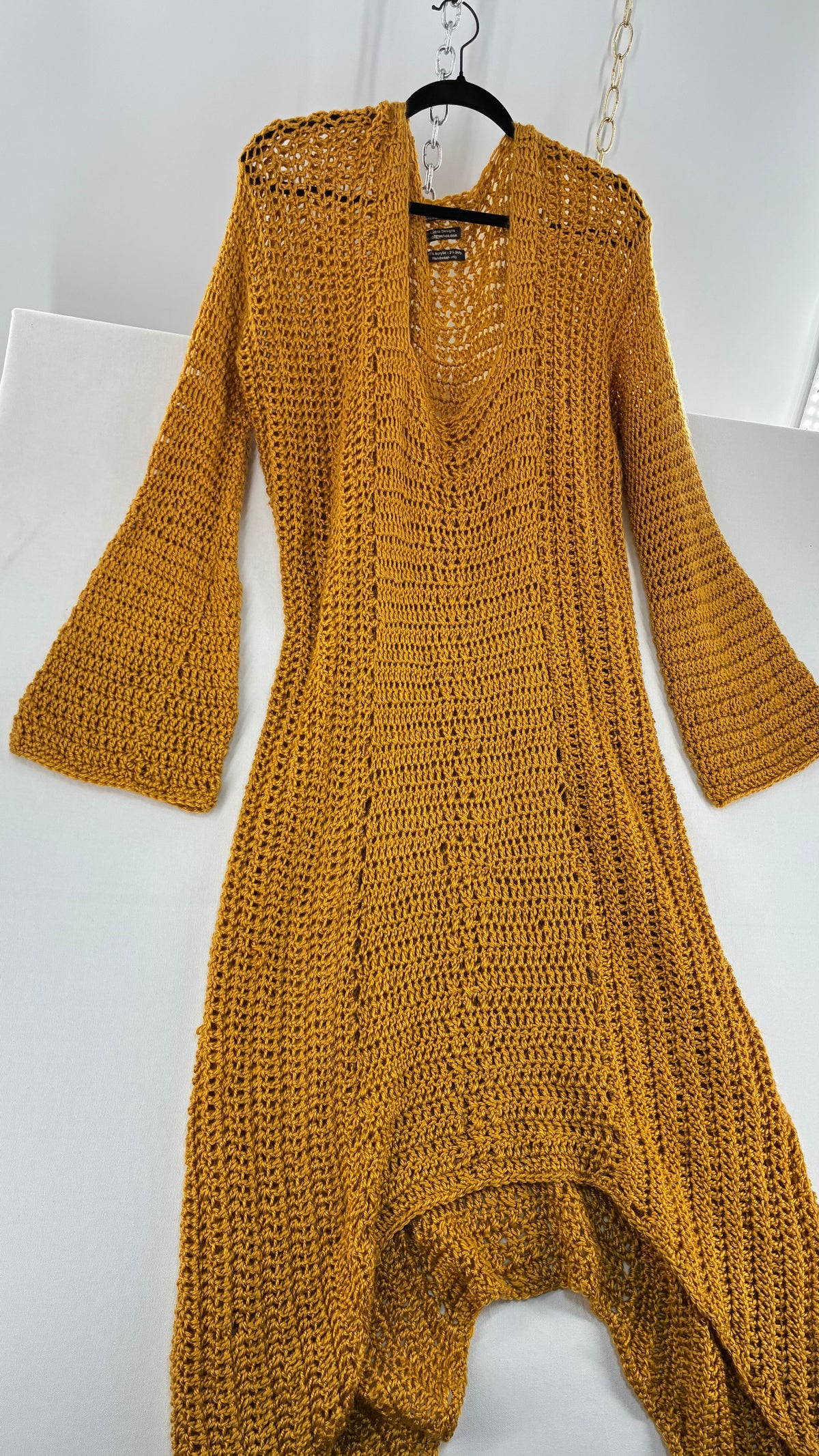 Vintage AUDRIE DESIGNS Mustard Crochet Bell Sleeve Duster Sweater Gown, Hand Knit  (OS)