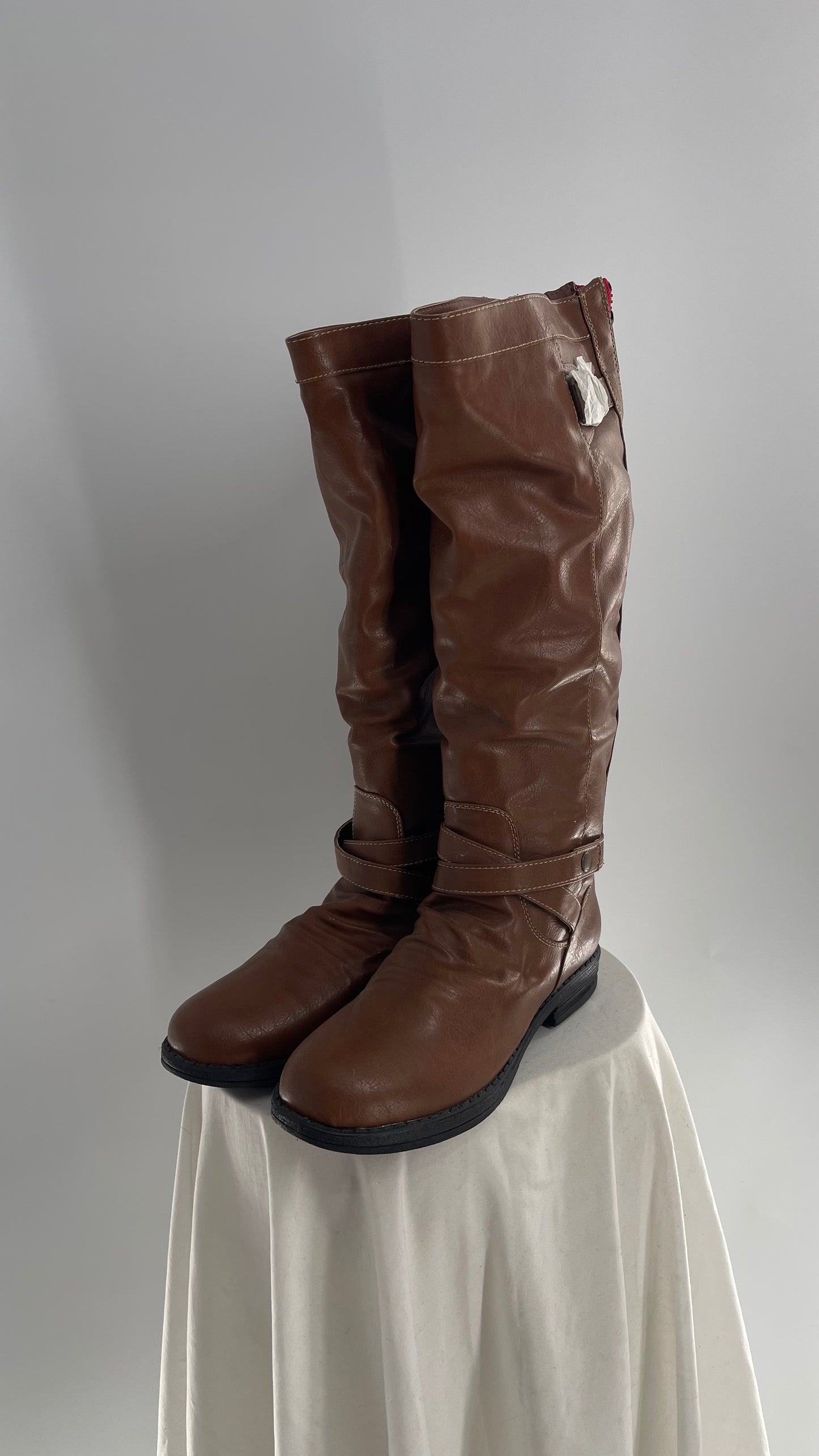 Steve Madden Brown Knee High Riding Boots with Red Zipper (10)