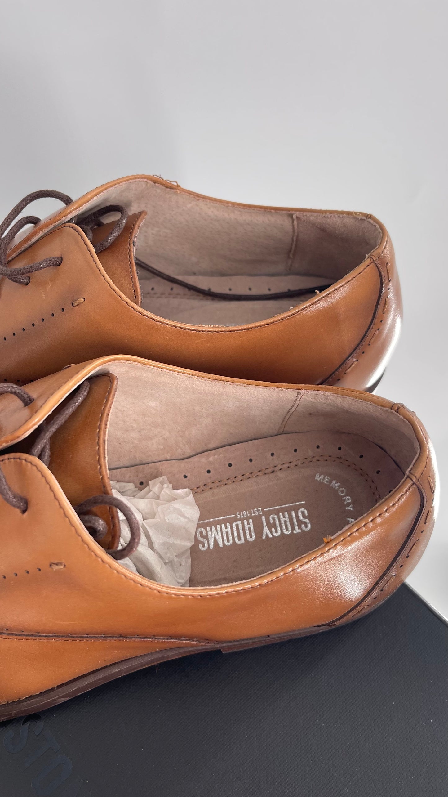 STACY ADAMS Cognac Camel Brown Leather Captoe Oxfords (12)