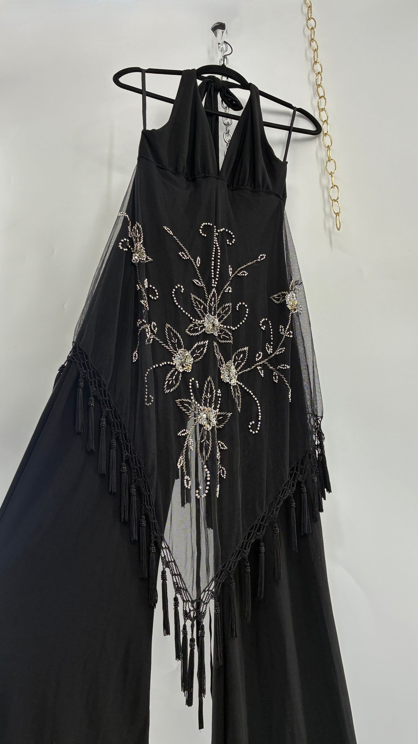 Vintage JANICE Black Jumpsuit with Fringe Embroidered Waist Detail (Large)